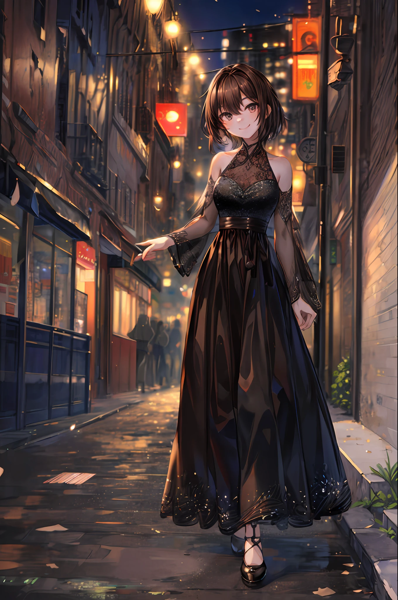 ((Best quality, 8k, Masterpiece :1.3)), 1girl, smiling, full body, slim face, Pretty woman, (Dark brown hair), full length dress :1.1, Ultra-detailed face, Detailed eyes, Double eyelid, blur background, slim face, city, outside, street,