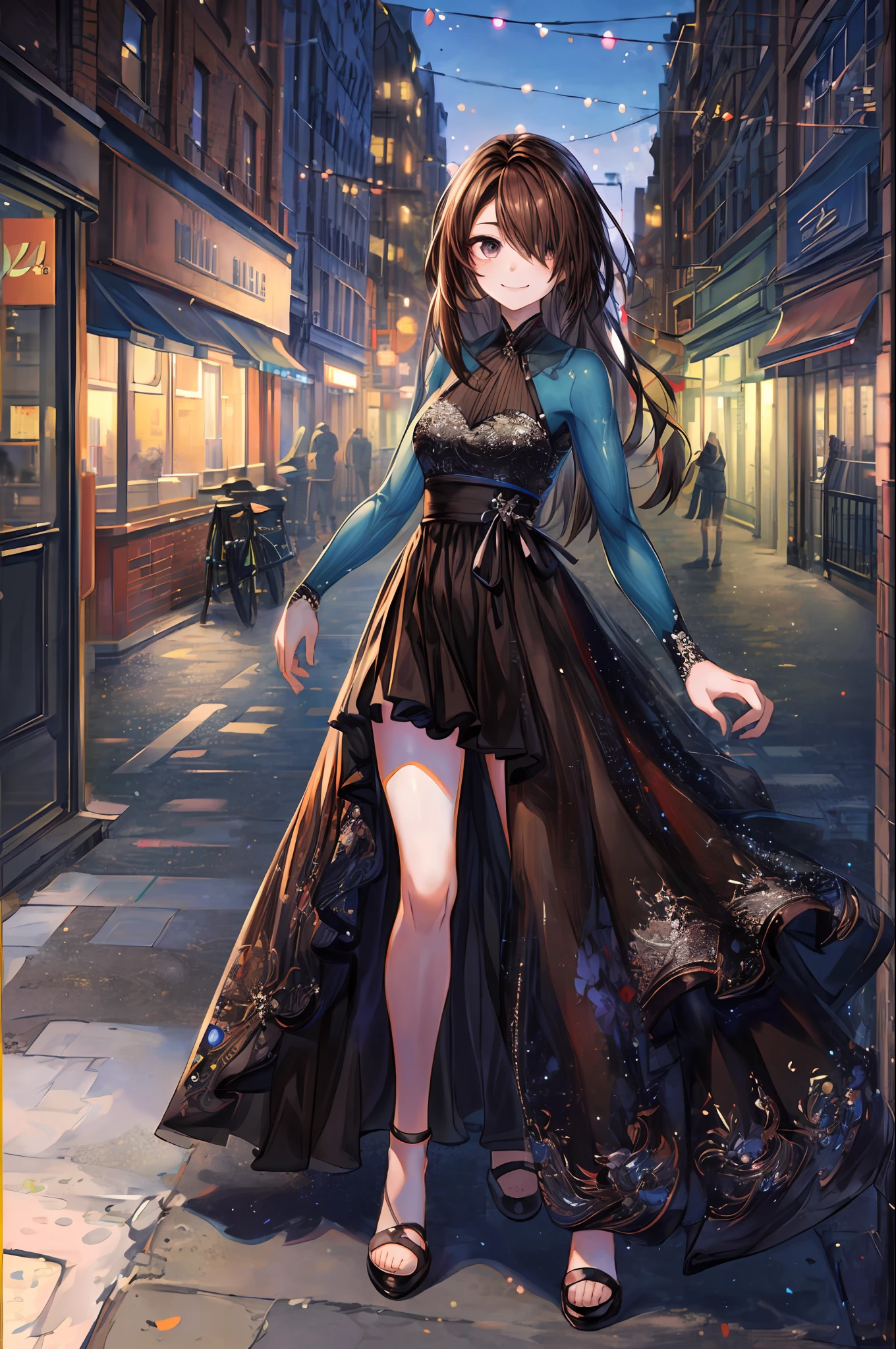 ((Best quality, 8k, Masterpiece :1.3)), 1girl, smiling, full body, slim face, Pretty woman, (Dark brown hair), full length dress :1.1, Ultra-detailed face, Detailed eyes, Double eyelid, blur background, slim face, city, outside, street,