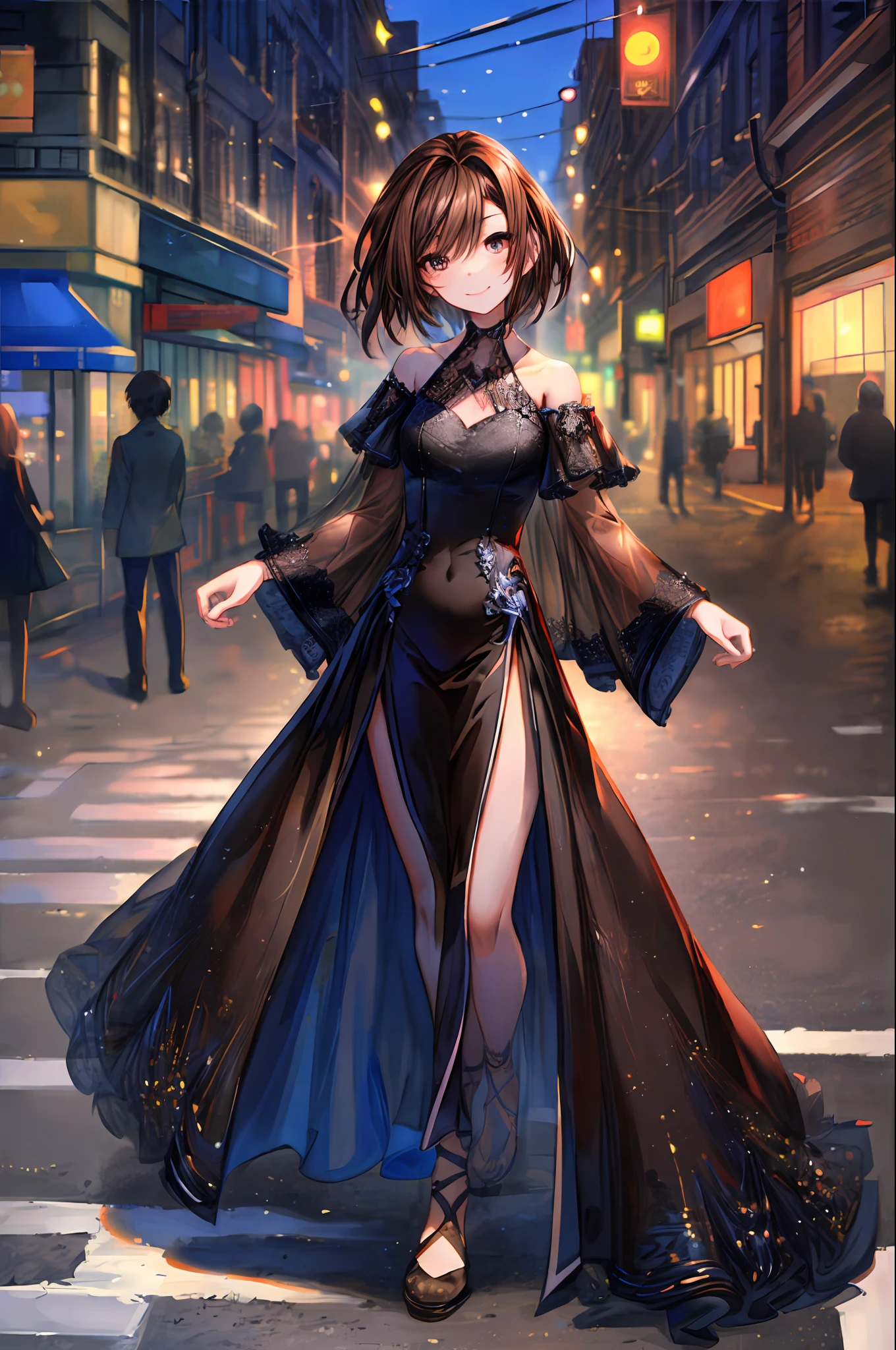 ((Best quality, 8k, Masterpiece :1.3)), 1girl, smiling, full body, slim face, Pretty woman, (Dark brown hair), full length dress :1.1, Ultra-detailed face, Detailed eyes, Double eyelid, blur background, slim face, city, outside, street,