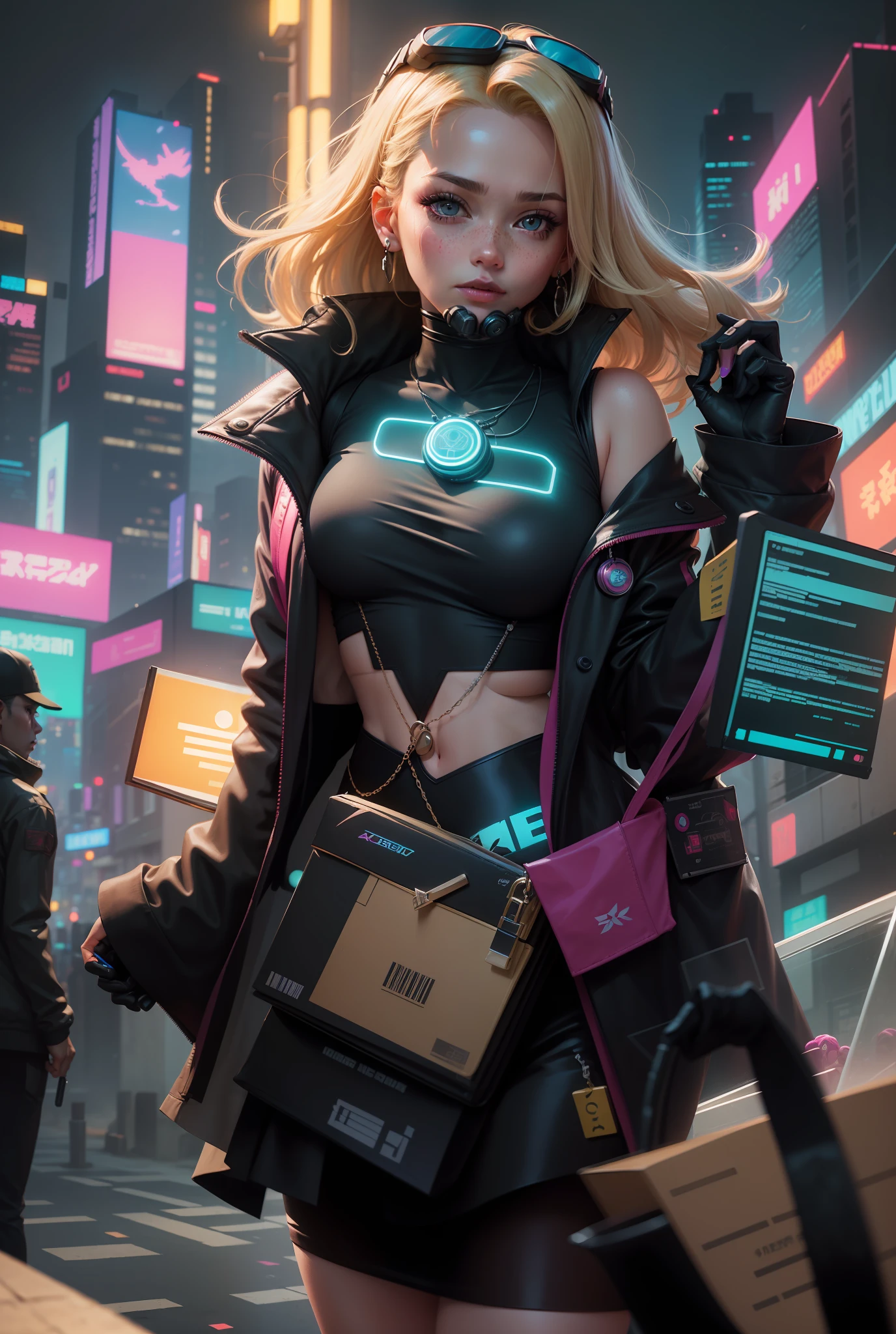 barbie doll with cyberpunk holographic dress, holographic, pinky dress, transparent skirt, glass, mask, goggles, doll, princess, headband, cyberpunk, synthwave, neon colors, cyan, fuchsia, indigo, beautiful woman face, blonde hair, necklace, freckles, jewelry, caucasian woman, hi-tech, landscape orientation, upper body focus, full body, depth of field, soft lighting, dynamic lights, RAW photo, masterpiece, best quality, realistic, 8K, ultra-realistic, photo-realistic,, (perfect face:1.2), (led lighting:1.2), (in the style of Ghost In The Shell:1.2), (in the style of Blade Runner:1.2), (in the style of Akira:1.2) --auto