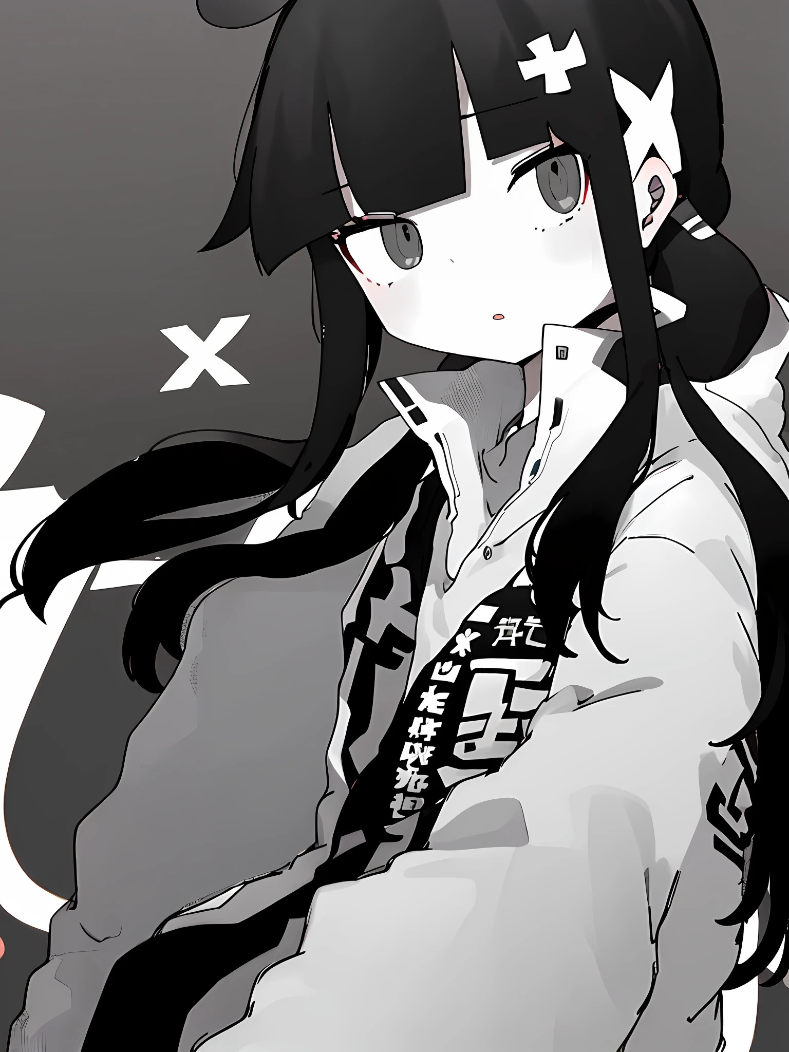 masterpiece, best quality, 1girl, solo, long_hair, looking_at_viewer, bangs, simple_background, shirt, hair_ornament, long_sleeves, twintails, jacket, monochrome, ahoge, greyscale, parted_lips, open_clothes, blunt_bangs, low_twintails, x_hair_ornament,