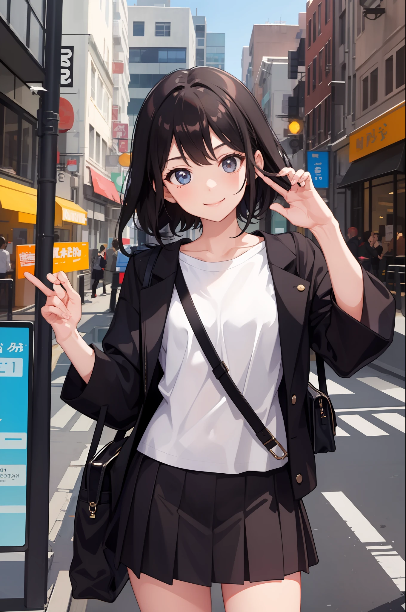 1 girl, smile, shirt, skirt, (small) chiralism,