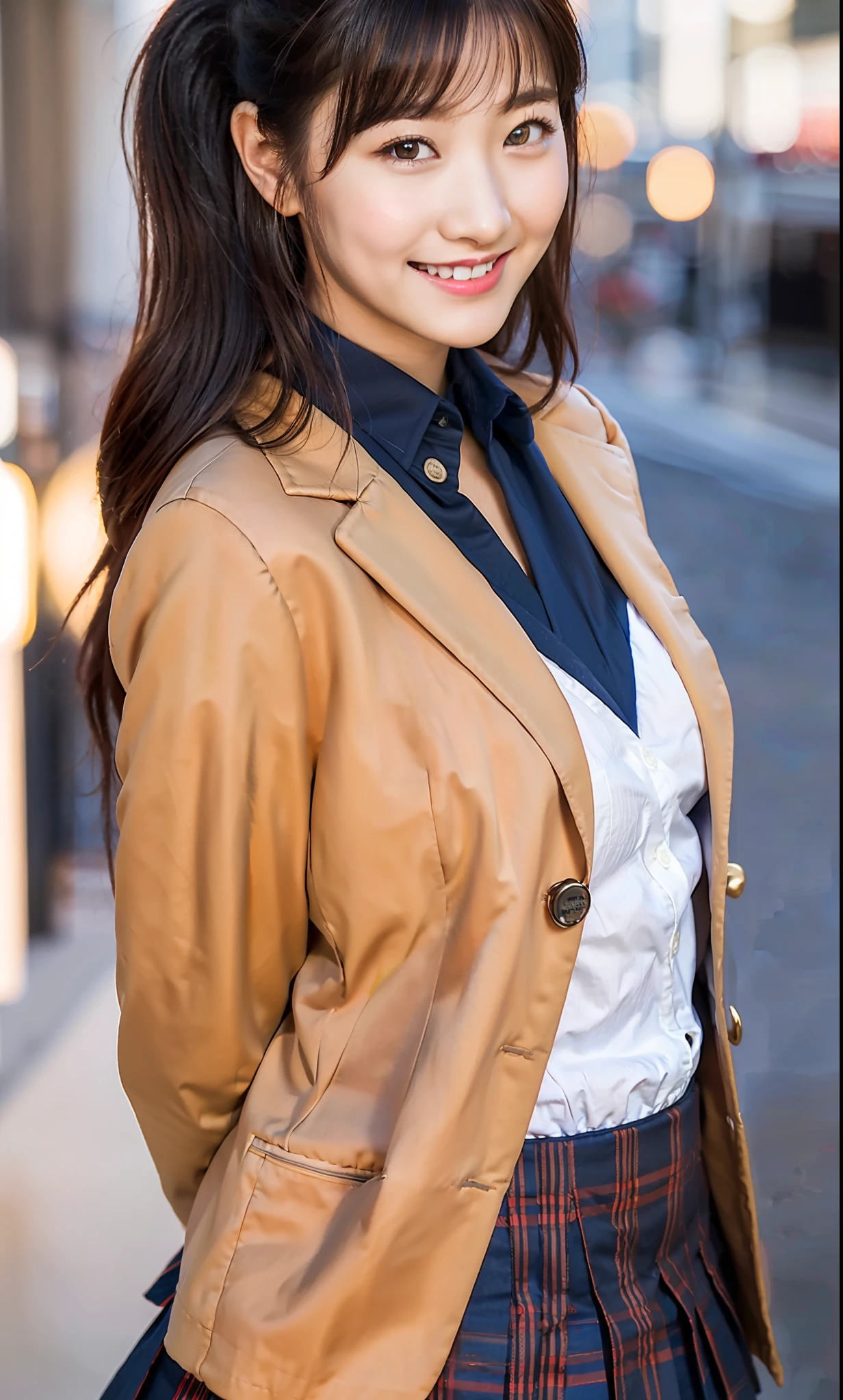 ulzzang-6500-v1.1, (Raw photo:1.2), (Photorealistic:1.4), Beautiful detailed girl, Very detailed eyes and face, Beautiful detailed eyes, Ridiculous, Incredibly ridiculous, Huge file size, Ultra detailed, High Definition, Very detailed, Best quality, Masterpiece, Kemomimi, ((Japan Girls' High School Uniform)), Illustration, Very detailed, CG, unification, 8k wallpaper, fantastic, fine detail, masterpiece, best quality, highly detailed cg uniform 8k wallpaper, light on face, movie lighting, 16 year old girl, ((smile)), ((dynamic pose))), (camel toe), (white underwear), (skirt), (model body type)), dark brown hair color, ponytail hairstyle, dark blue blazer,