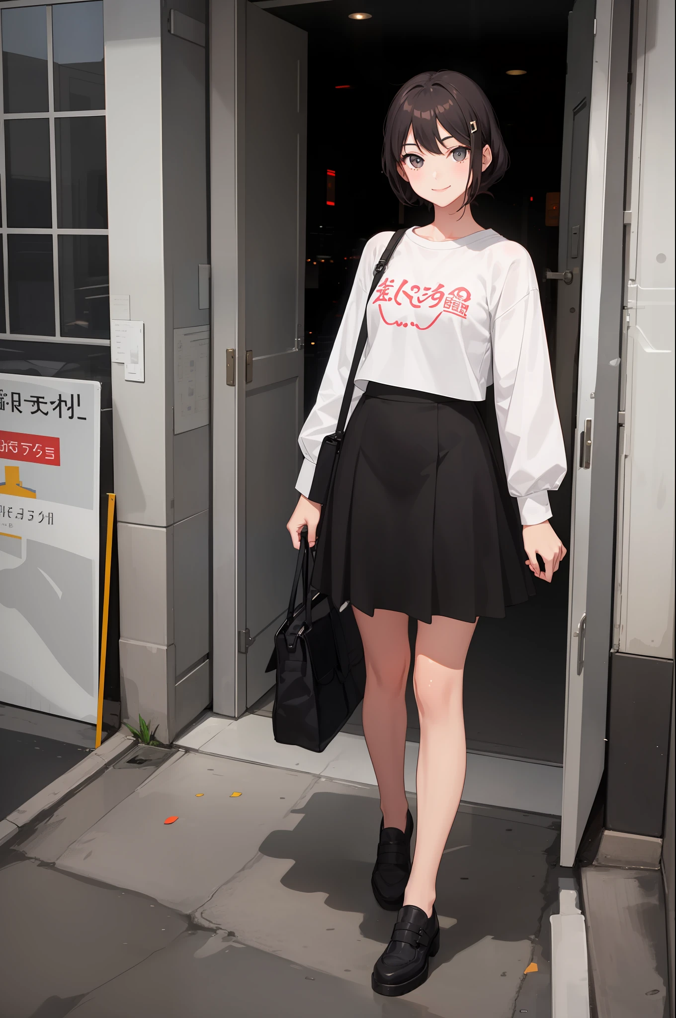 1 girl, smile, shirt, skirt, (small) chiralism,