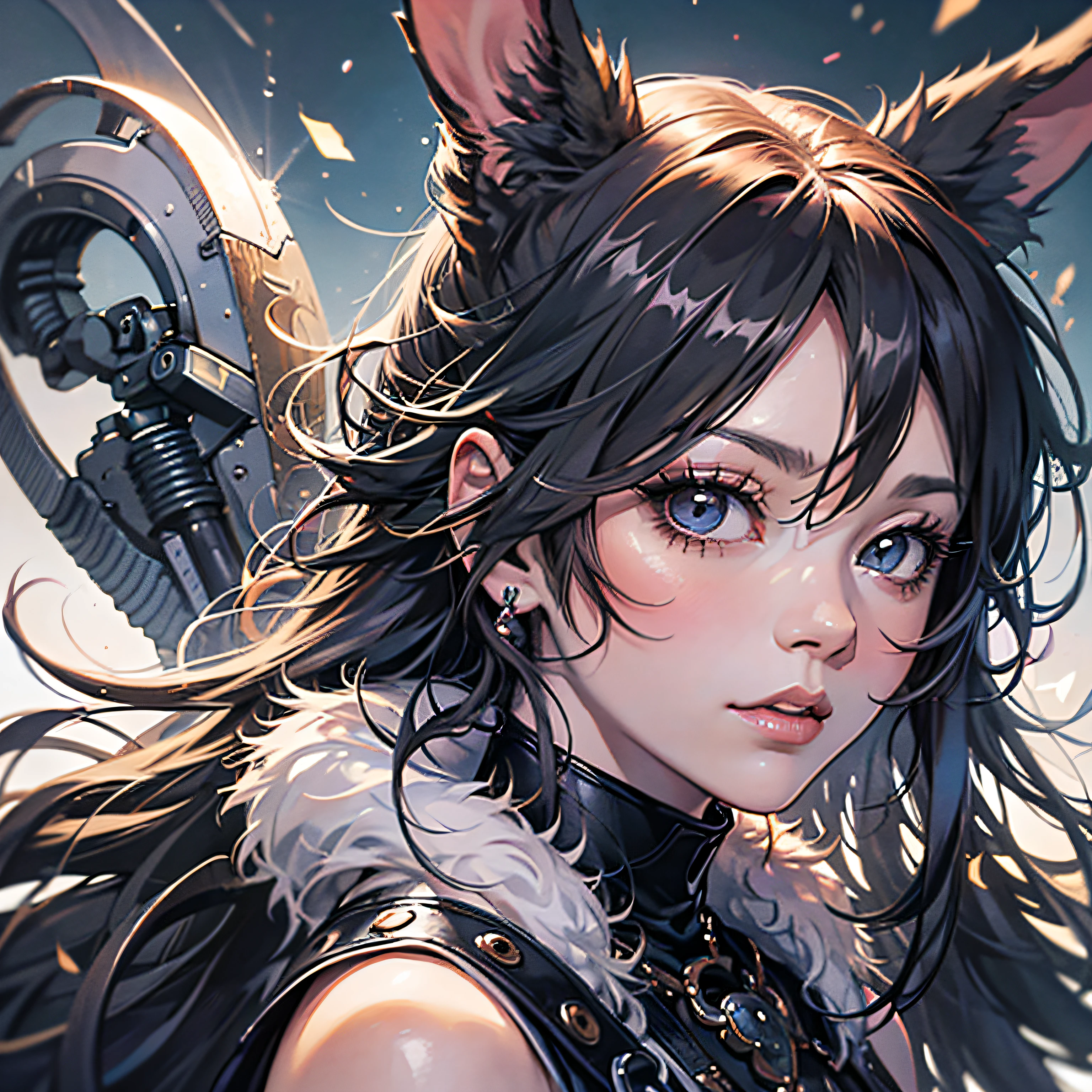 8k, HD, masterpiece, best quality, anime style, cartoon close-up of a woman with ears and a rabbit tail, with rabbit tail, with rabbit ears, girl design, mara, portrait, jisha, anime image, long hair, black hair, hair covering ears, polished and powerful look, exotic, tall