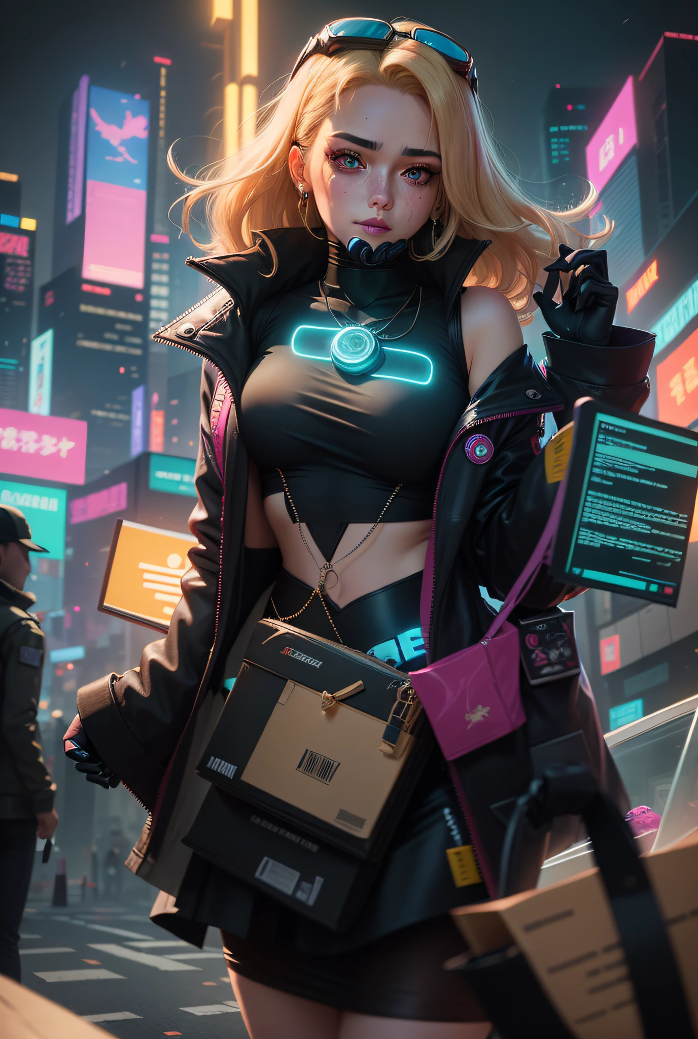barbie doll with cyberpunk holographic dress, holographic, pinky dress, transparent skirt, glass, mask, goggles, doll, princess, headband, cyberpunk, synthwave, neon colors, cyan, fuchsia, indigo, beautiful woman face, blonde hair, necklace, freckles, jewelry, caucasian woman, hi-tech, landscape orientation, upper body focus, full body, depth of field, soft lighting, dynamic lights, RAW photo, masterpiece, best quality, realistic, 8K, ultra-realistic, photo-realistic,, (perfect face:1.2), (led lighting:1.2), (in the style of Ghost In The Shell:1.2), (in the style of Blade Runner:1.2), (in the style of Akira:1.2) --auto