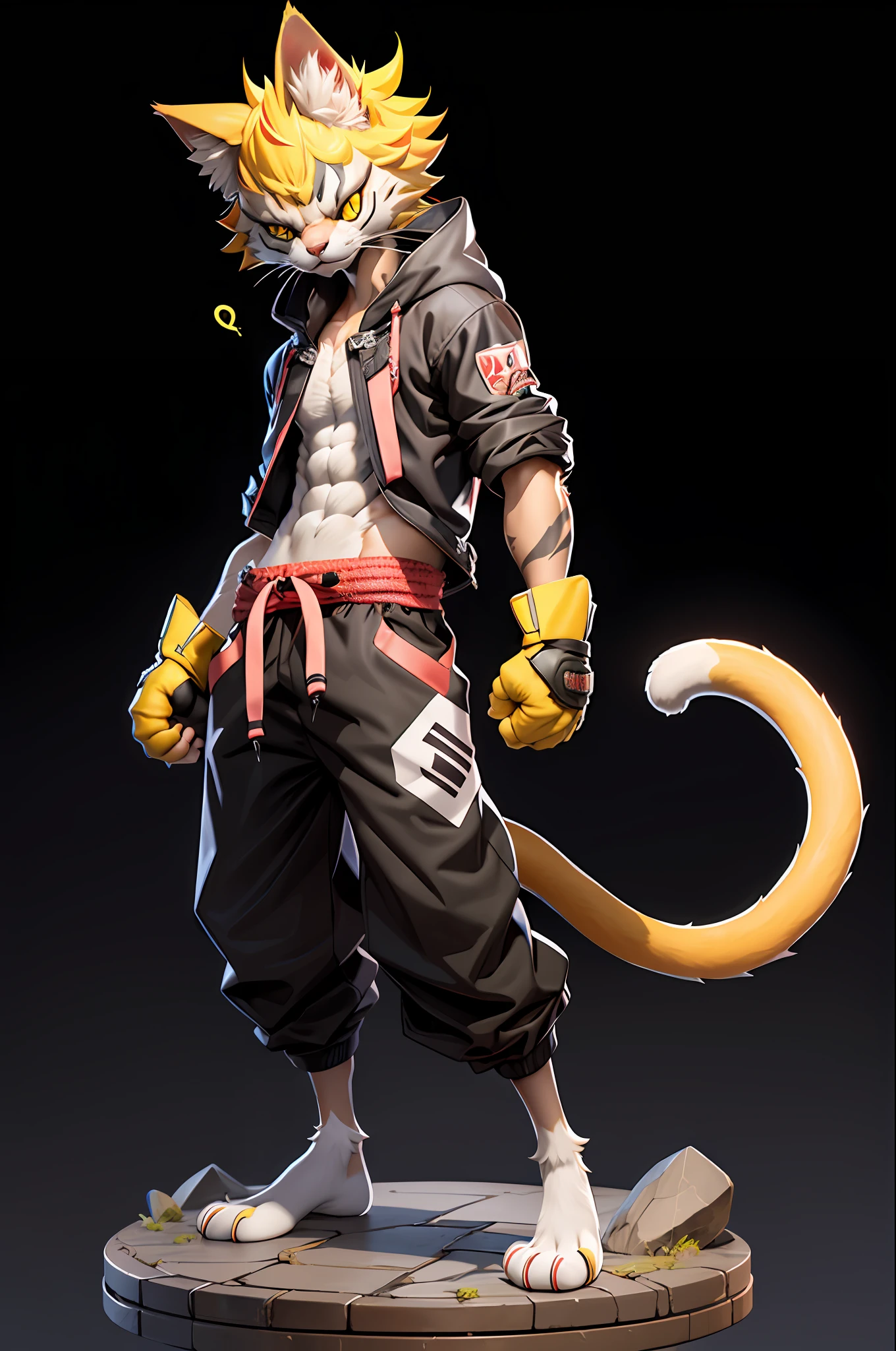 better quality,
 tail, solo, cat ears, yellow hair, yellow eyes, 2 cat tail, 1boy, gloves, animal ear fluff, standing, full body, looking at viewer, black background,
rackanimal, balck bottom,