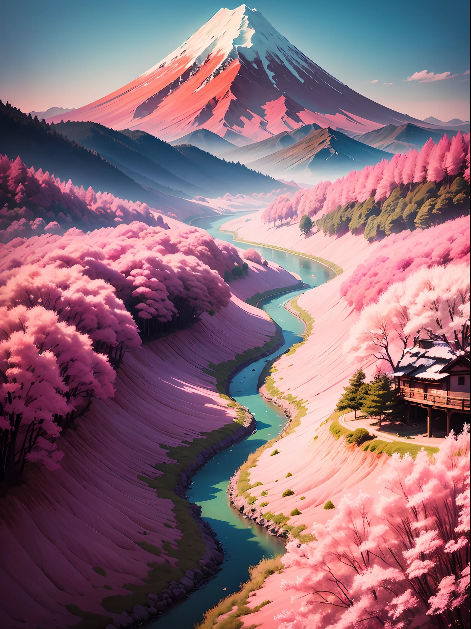arafed mountain with a river in the foreground and a pink forest in the foreground, pink landscape, cotton candy trees, pink forest, cherry blossom forest, japonisme,8k,ultra detailed,highly detailed digital art, surreal frozen landscape, a surreal dream landscape, forest pink fog planet, japan mountains, pink trees, candy forest, mount fuji background --auto