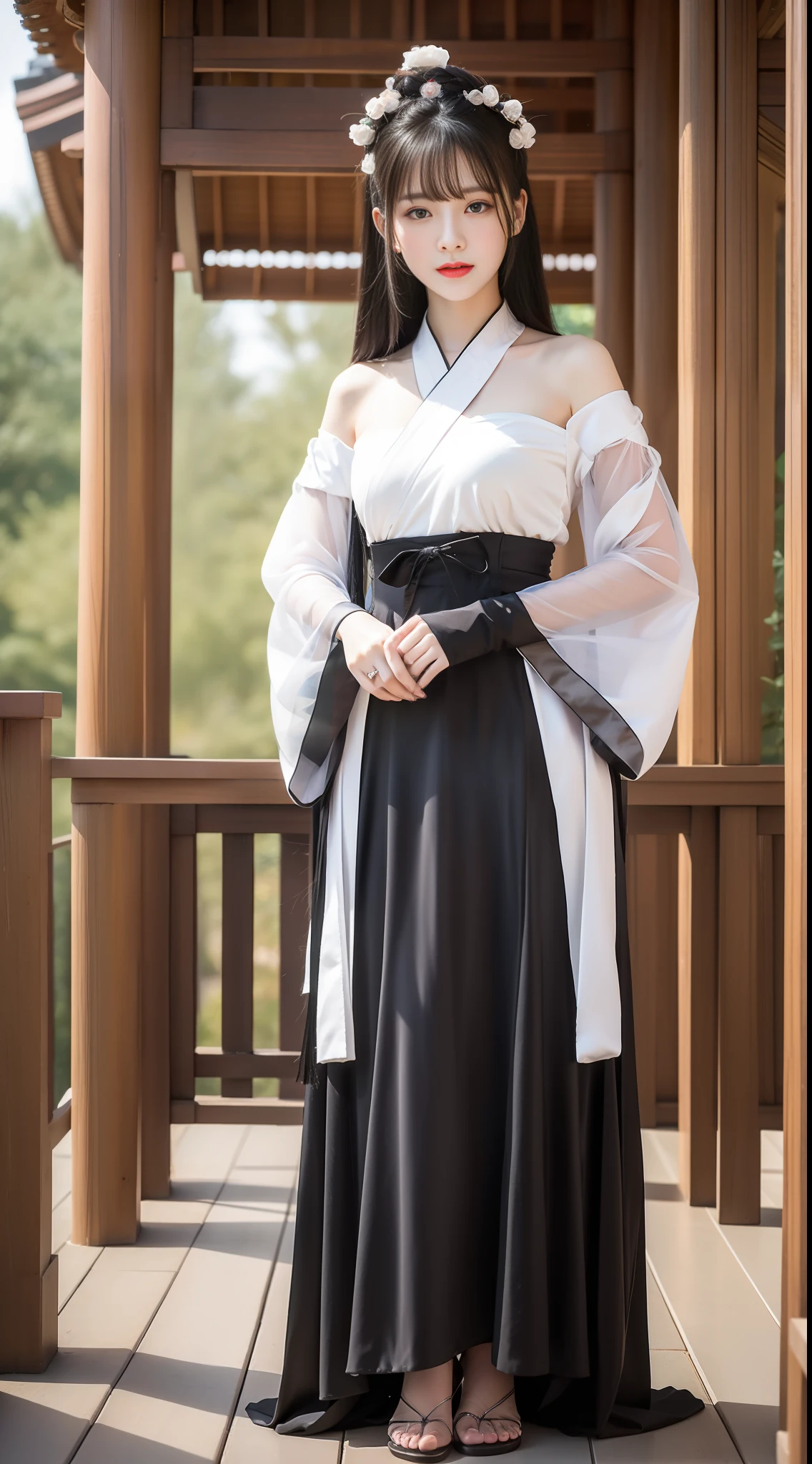 (1 cute girl) realistic photo shoulder-length black hair, straight hair, light makeup, medium breast size, wearing Hanfu, in pavilion, full body, clear facial features, 8K high resolution, clear and realistic details