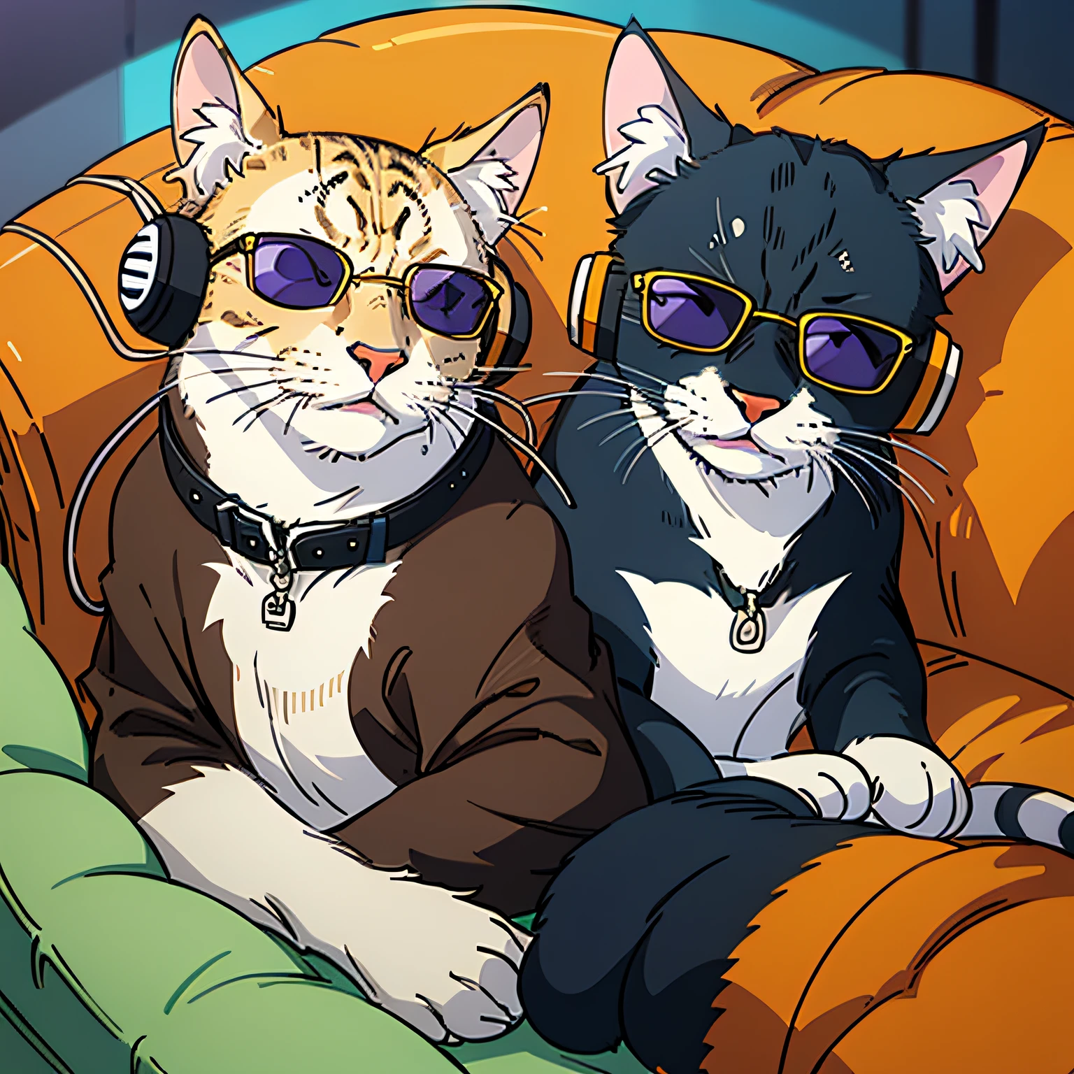 cat with headphones and sunglasses lying on the sofa