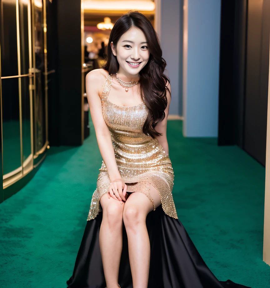 8K, HDR, Photography, woman sitting in a gold dress smiling, wearing a sparkling dress, golden dress, wearing an elegant dress, dilraba dilmurat, glitter dress, luxury dress, gorgeous young korean woman, wearing a dress of gossamer gold, wearing a magnificent dress, hwang se - on, glamorous fashion pose, elegant glamor pose, beautiful young korean woman