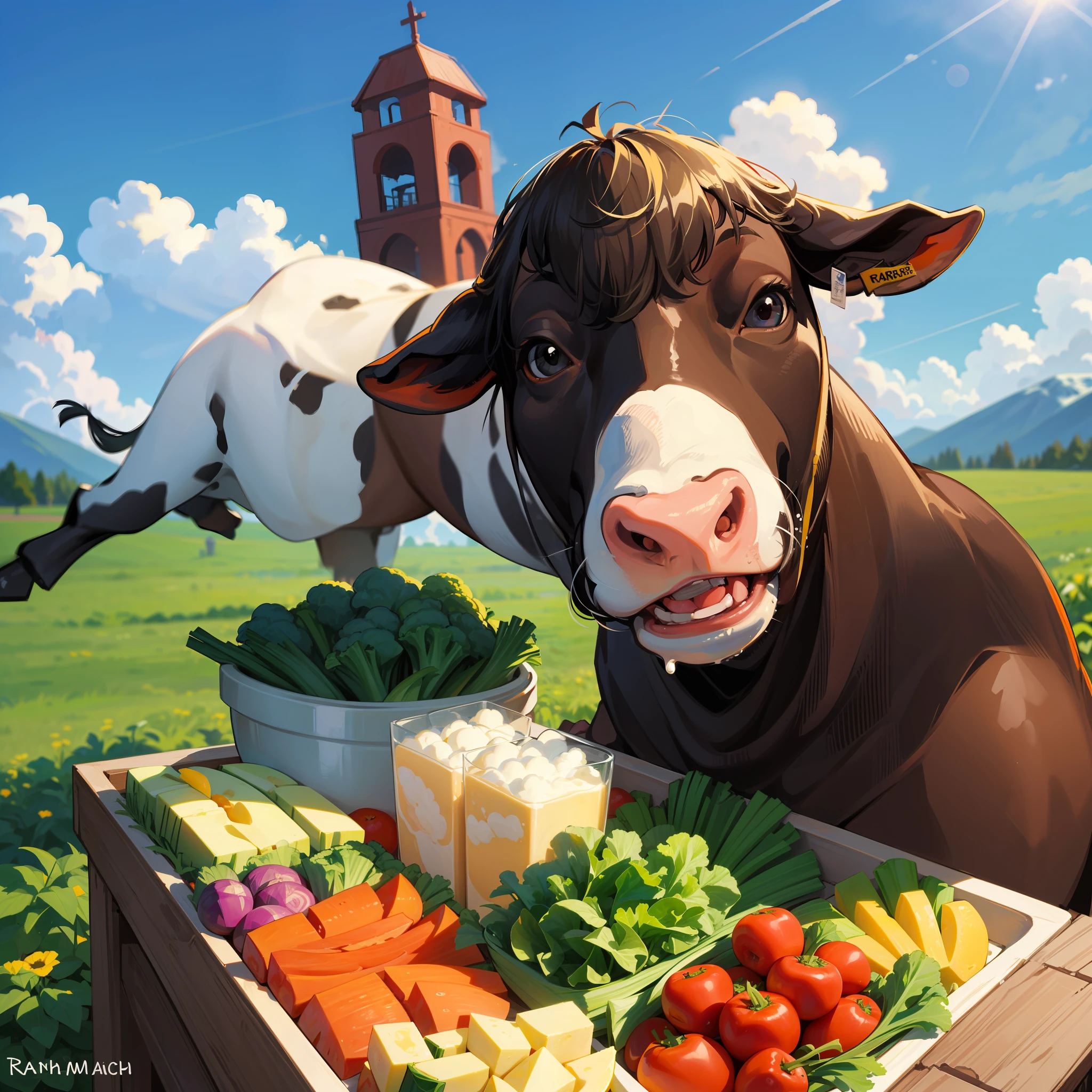 Sky, soaring vegetables, jumping vegetables, variety of vegetables, vegetables, jumping vegetables, variety of vegetables, playing with dairy cows, ((Pictures of large dairy cows and vegetables together on the ranch))