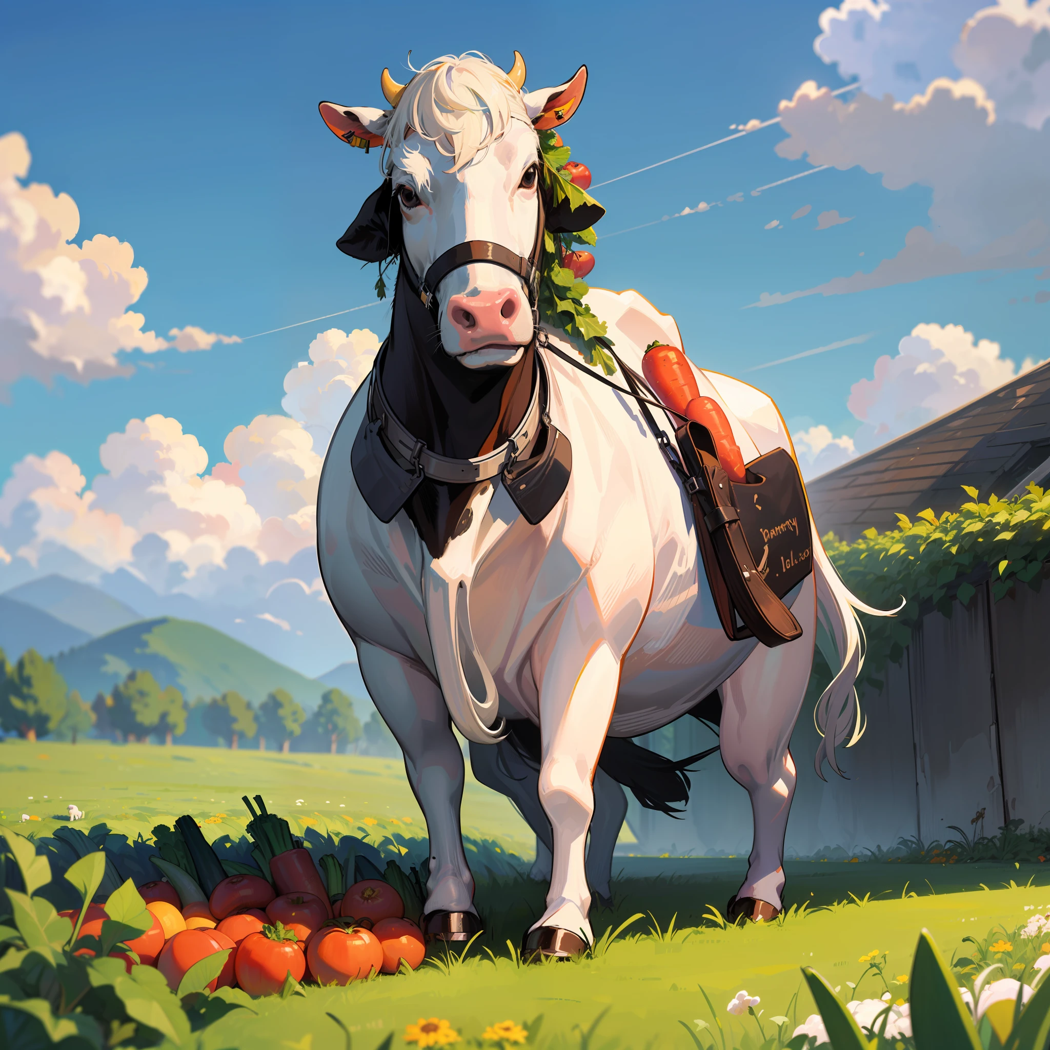 Sky, soaring vegetables, jumping vegetables, variety of vegetables, vegetables, jumping vegetables, variety of vegetables, playing with dairy cows, ((Picture of a large white dairy cow and vegetables together on the ranch))