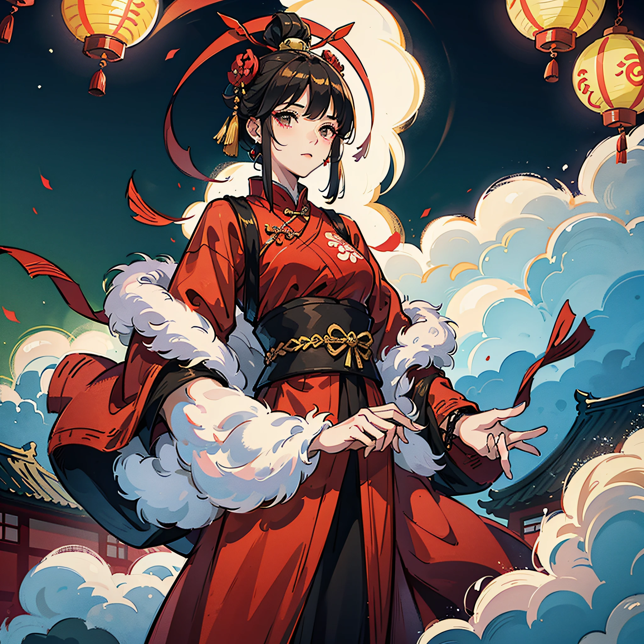 National Chao Girl, Ancient Style Girl, Year of the Dragon, surrounded by clouds, red elements, two-dimensional, surrounded by lanterns --auto