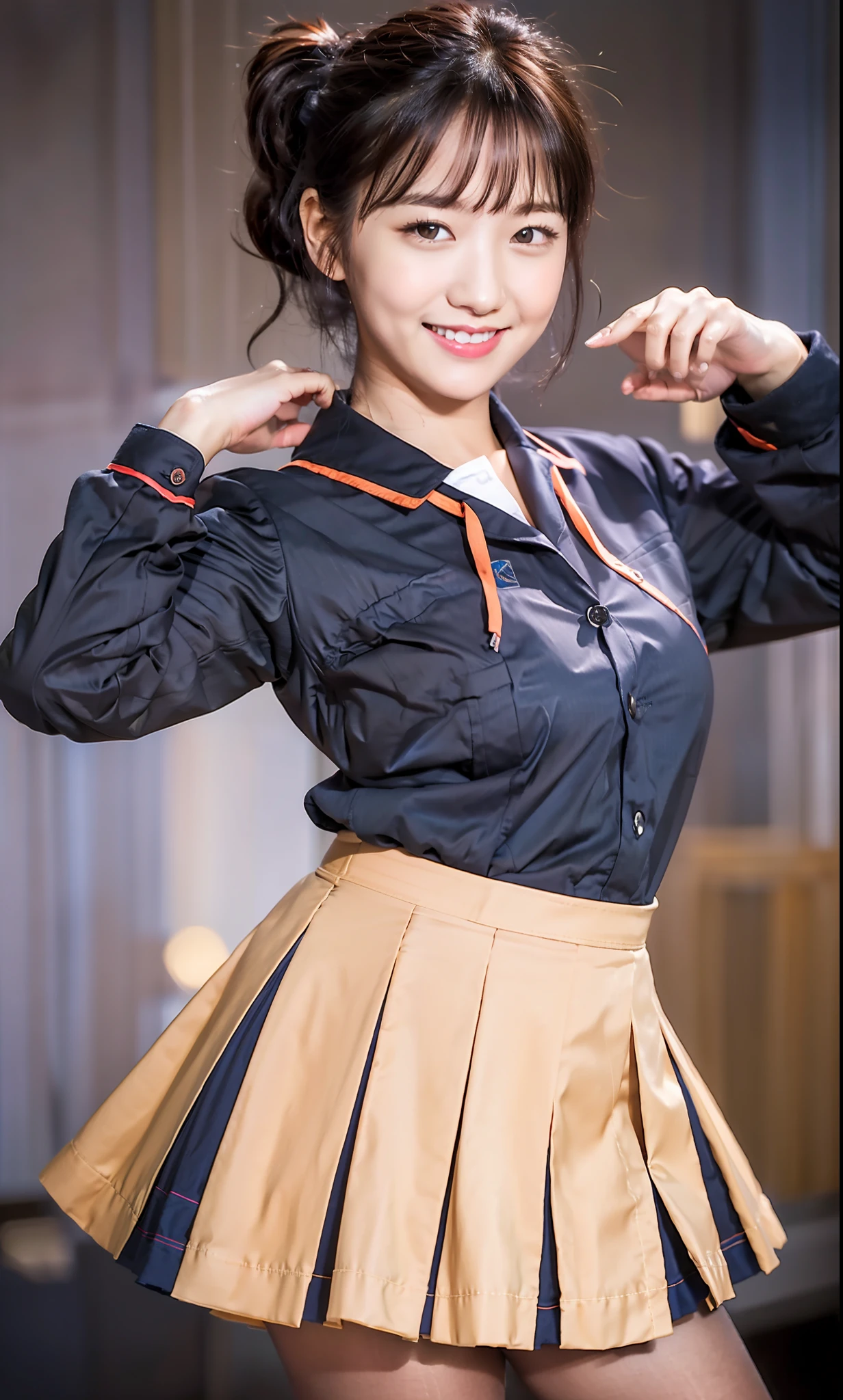 ulzzang-6500-v1.1, (Raw photo:1.2), (Photorealistic:1.4), Beautiful detailed girl, Very detailed eyes and face, Beautiful detailed eyes, Ridiculous, Incredibly ridiculous, Huge file size, Ultra detailed, High Definition, Very detailed, Best quality, Masterpiece, Kemomimi, ((Japan Girls' High School Uniform)), Illustration, Very detailed, CG, unification, 8k wallpaper, fantastic, fine details, masterpiece, best quality, highly detailed cg uniform 8k wallpaper, light on face, movie lighting, 16 year old girl, (((smile)), ((dynamic pose))), (camel toe), (white underwear), (skirt of random color), (model figure)), dark brown hair color, ponytail hairstyle, random color jacket,