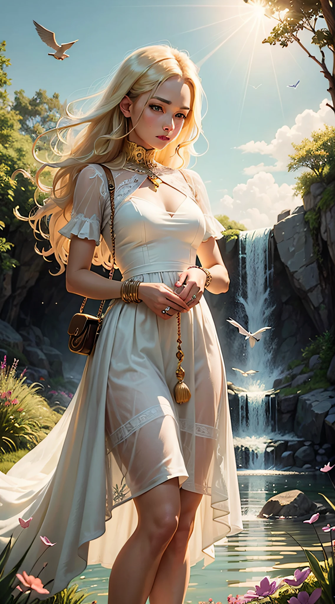 [Blonde woman with long hair:1.2, white silk dress, gold beads:1.1, gold ring, gold bracelet, grass, flowers: 1.1, waterfall, blue sky, sun, birds in the sky:1.1] --self --auto