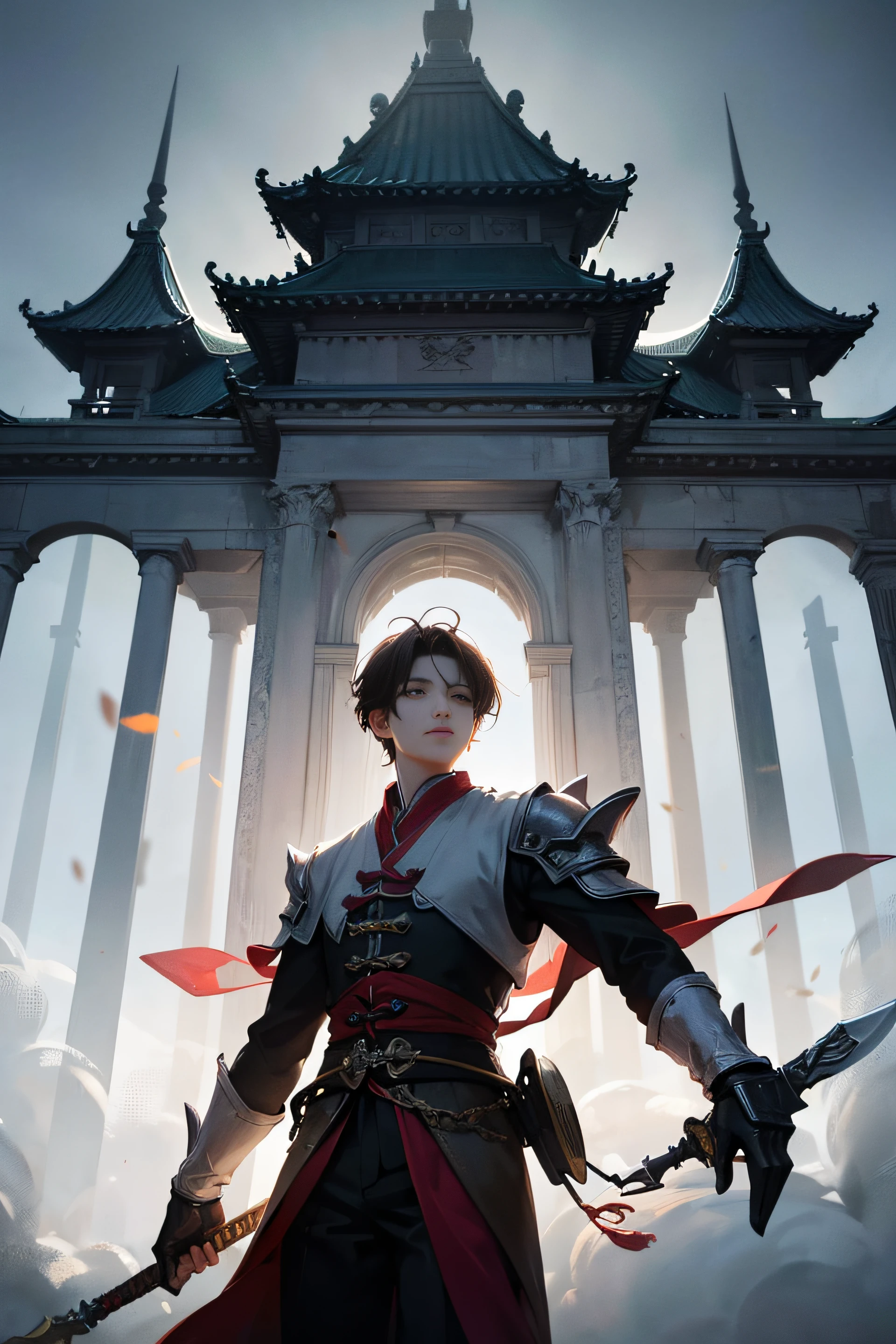 Notes on Tomb Robbing Zhang Qiling, carrying an ancient knife, has a gate directly towards the sky behind him. The gate is full of strange totems, surrounded by fog, film lighting, drama lighting, volume lighting, fantasy environment, drama lighting, conceptual art, digital art, super detail, ultra-high definition, 16k ,HD --ar 9:16 --auto