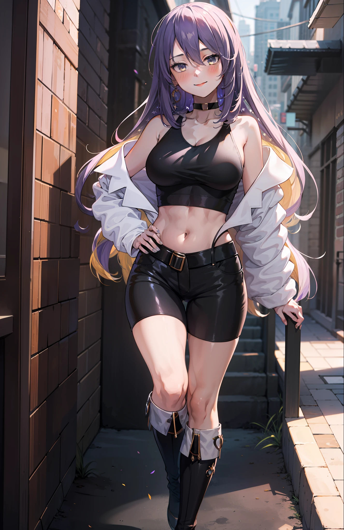 1girl, Moona Hoshinova, purple long hair, white jacket, short jeans pants, short pants, crop top, show stomach, city road, standing, (masterpiece:1.2), highres, best quality, 8k, sexy pose, blush, shy, smile, v neck shirt, show middle boobs, breat out, stocking, very short pants,