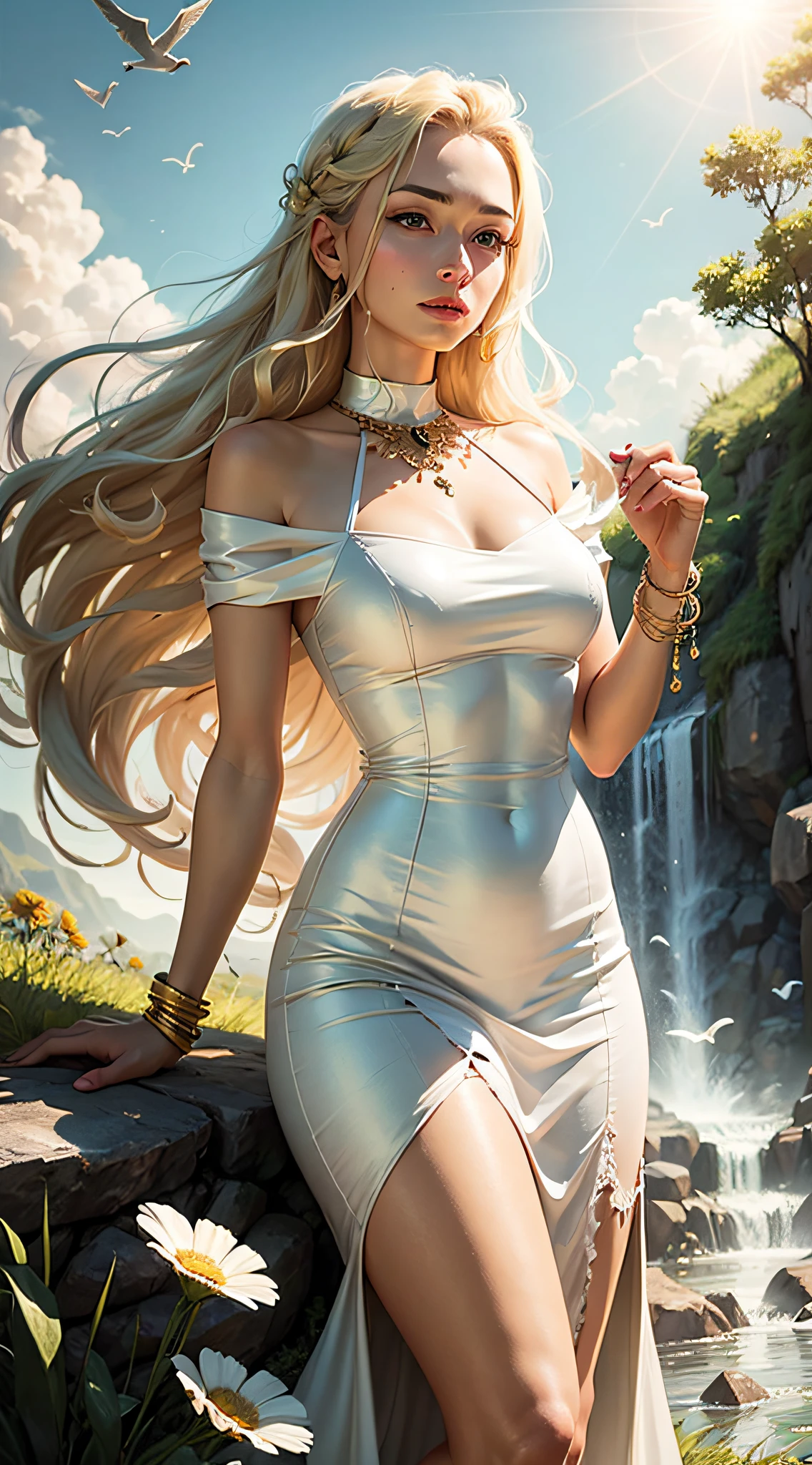 [Blonde woman with long hair:1.2, white silk dress, gold beads:1.1, gold ring, gold bracelet, grass, flowers: 1.1, waterfall, blue sky, sun, birds in the sky:1.1] --self --auto