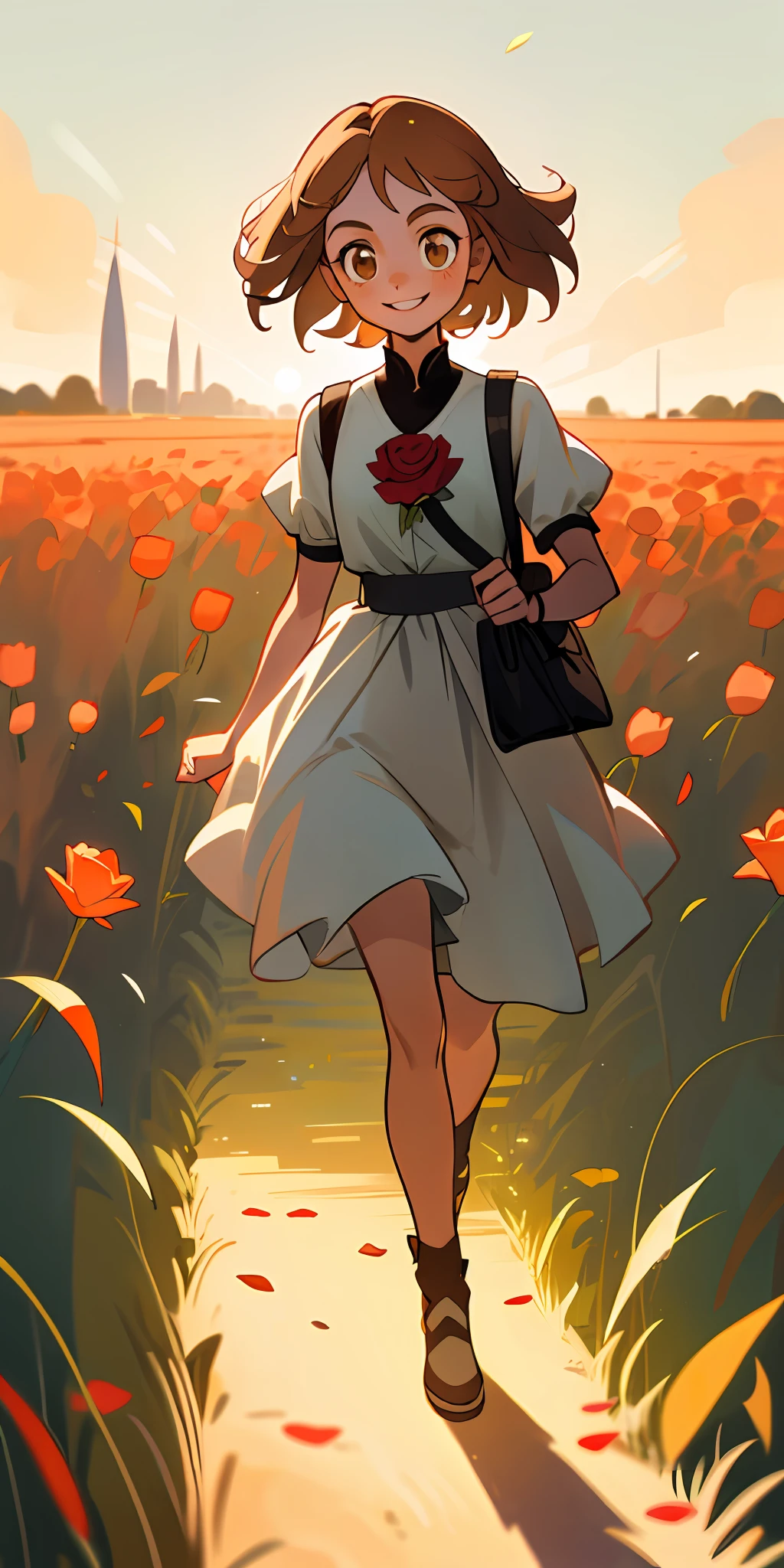 A small girl, light brown eyes, dark blonde hair, short, walking through a large open field, várias rosas vermelhas, sorridente