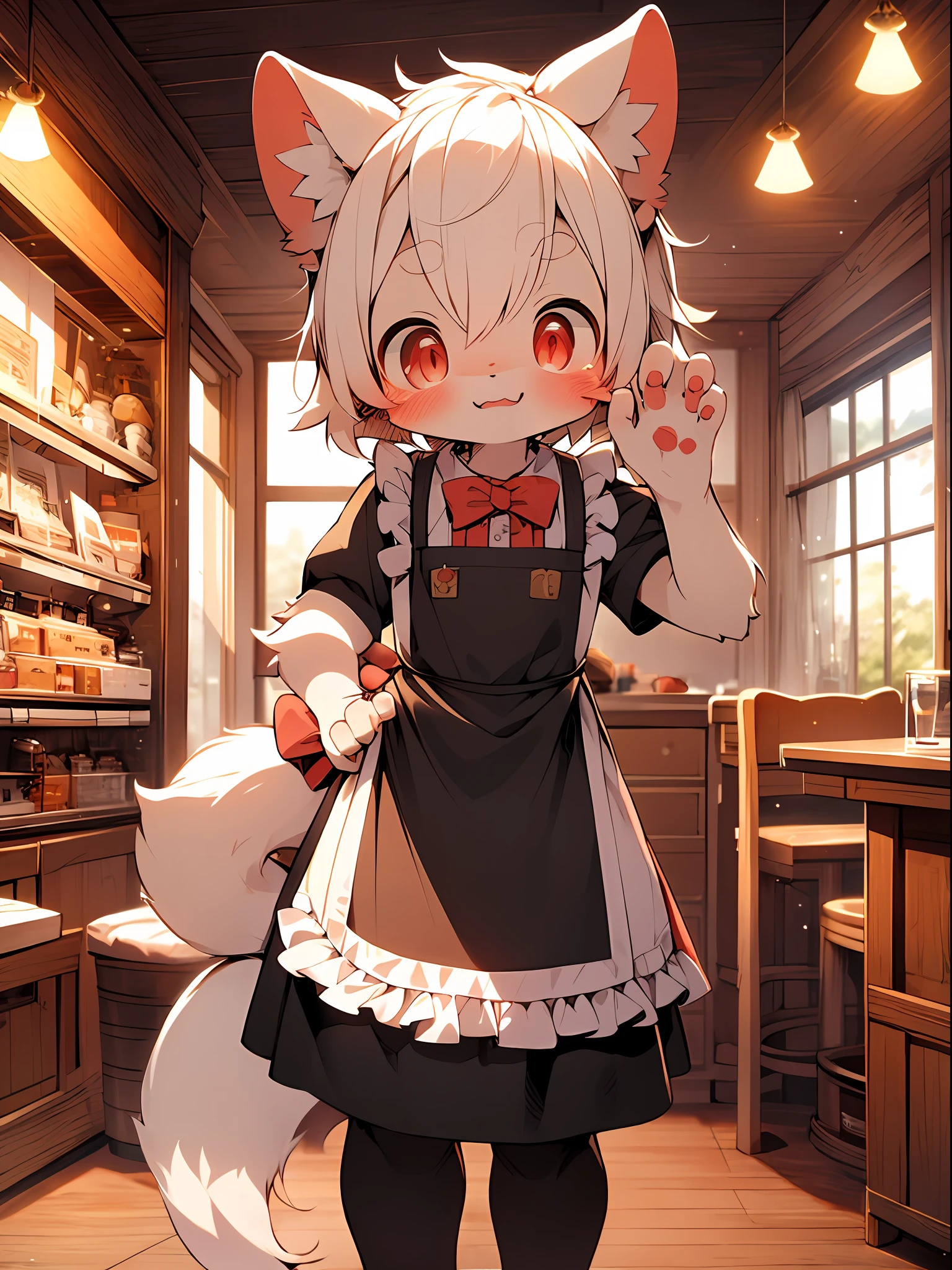 Light blue fur, detailed fur, red eyes, white hair, cute, standing, master masterpiece, high resolution, 8k, detailed background, high quality, girl, (by Dagasi: 1.1), solo, apron