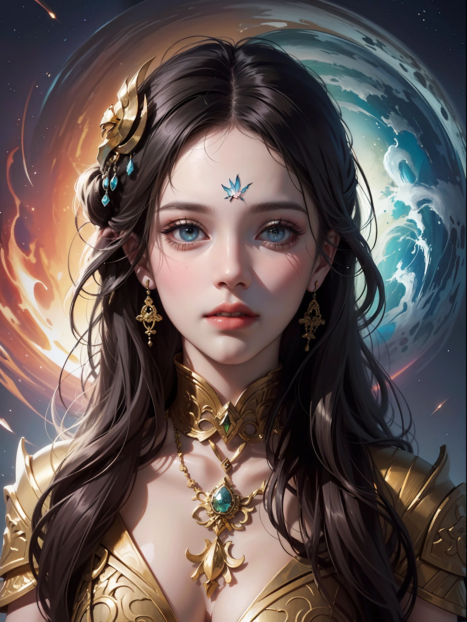 ((Best Quality, 8k, Masterpiece: 1.3)) Beautiful Woman: 1.3, Beautiful Face, Crawling Saturated Colors, Psychedelic Images, LSD, Mandala, Fractals, Clothing, Tattoos, Painted Body, Body Tilted Forward, Similar to Alex Gray's Art, Lots of Color Saturation, Swirls, Surreal, Planet Earth, Galaxies, Lots of Lighting, Shadows and Contrast, Role Play, Realistic Eyes, Green Iris, 3D Depth, Realistic Skin Texture, Detailed Sharp Scales, Colorful, fantasy art, artgerm ruan jia and greg rutkowski surrealist wet lacquer gold butterfly filigree art, broken glass