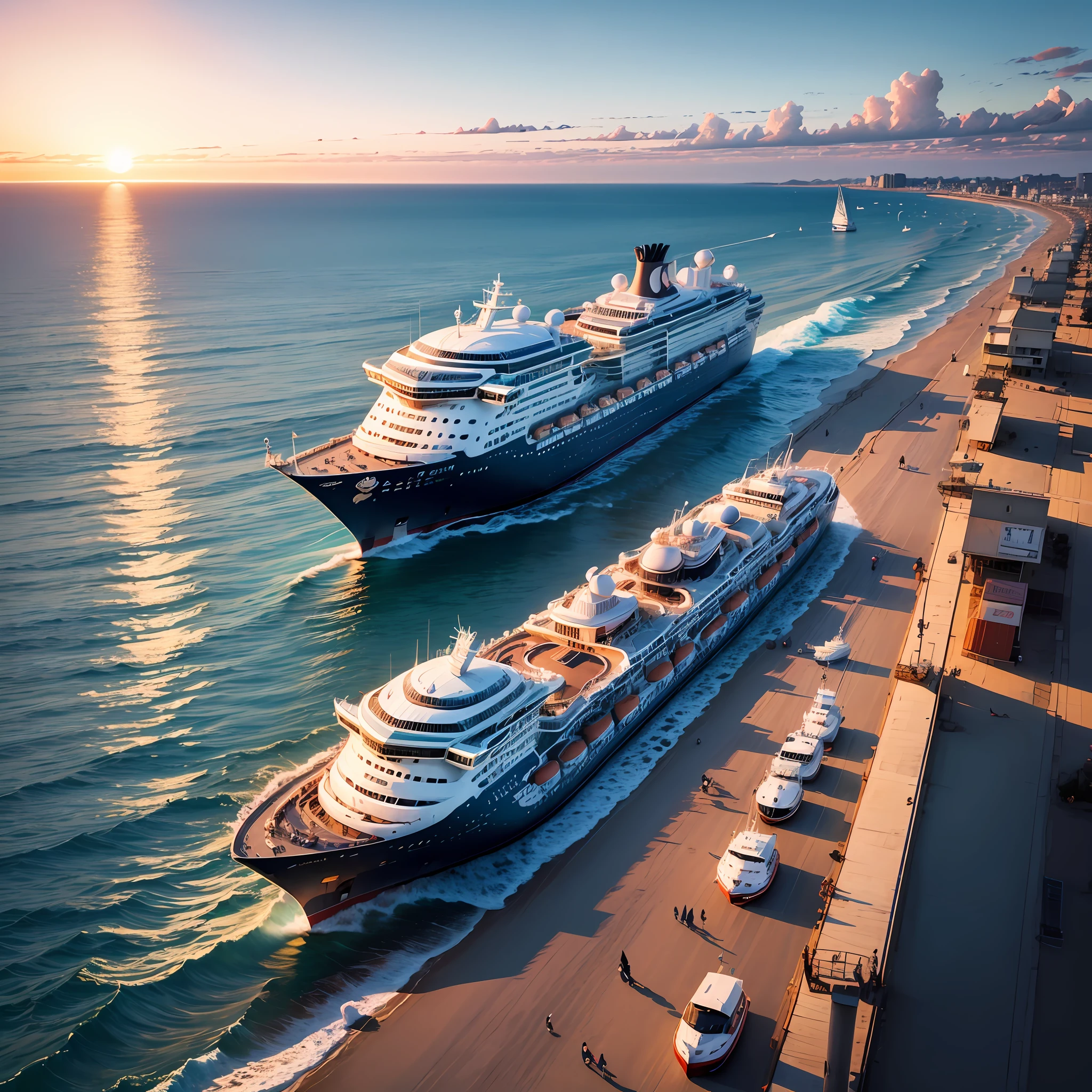 sea, blue, seagulls, cruise ships, sailboats, tourists, piers, sunset, --auto