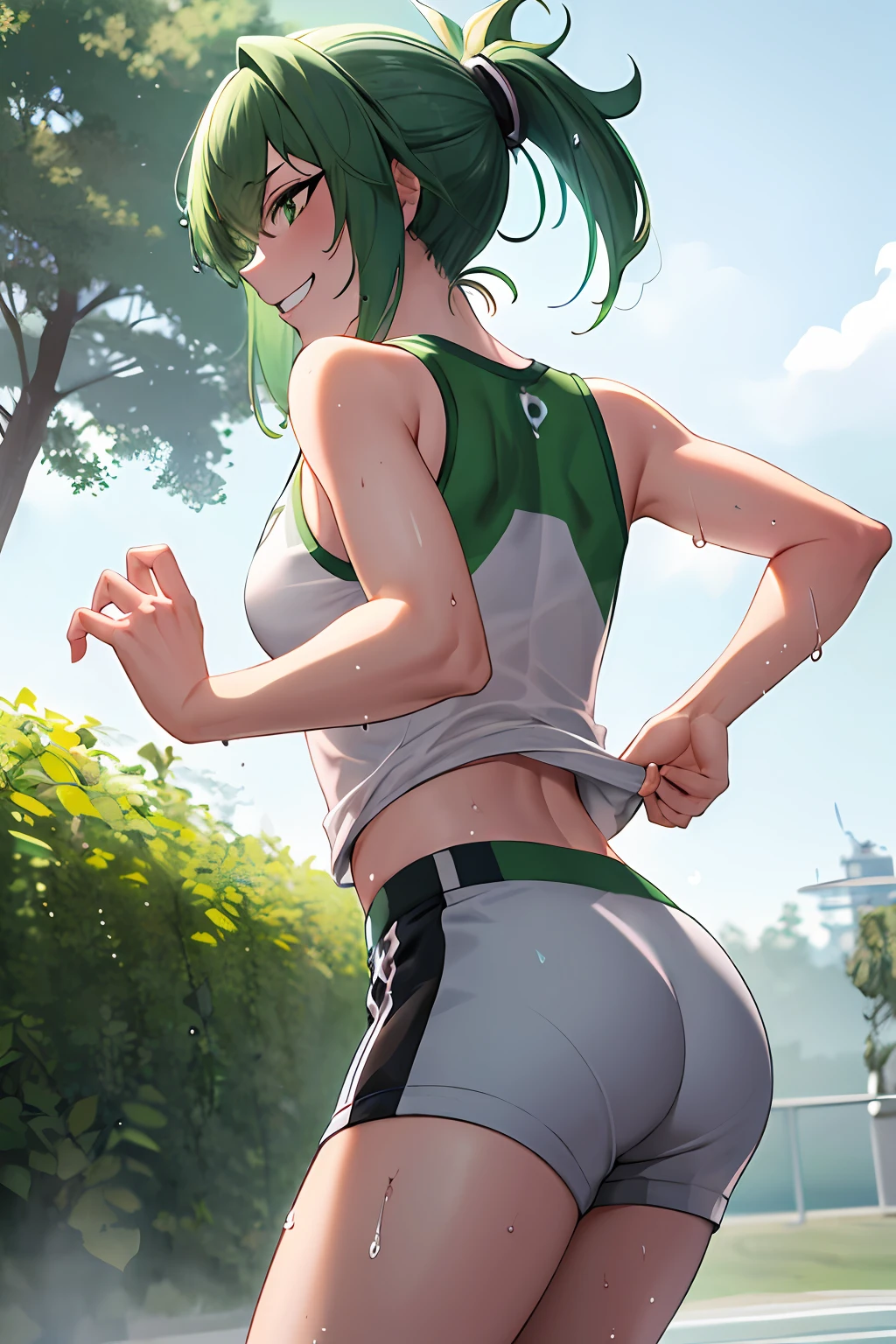 Green hair, folded ponytail, green eyes, masterpiece, sweat, soaked, best quality, hi-res, solo, wicked grin, ass facing you, running movements and elegance, white sports short hot pants, wet pants, thin thighs, white running shirt, wet shirt, sleeveless, braless, big, park, outdoor