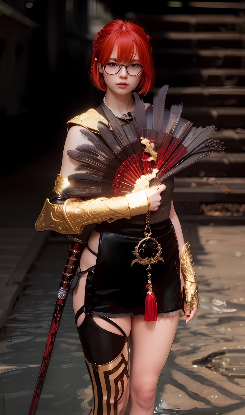 a closeup of a person with a red hair and a sword, warrior outfit, ornate bikini armor, fancy outfit, chicken feather armor, black fire-colored reflected armor, wearing witch blade armor, ornate armor, holding a magic staff, red demon armor, ornate Korean stick arm behind her,  armor of black and reddish color, holding ego weapons, fantasy weapon. glasses on the face