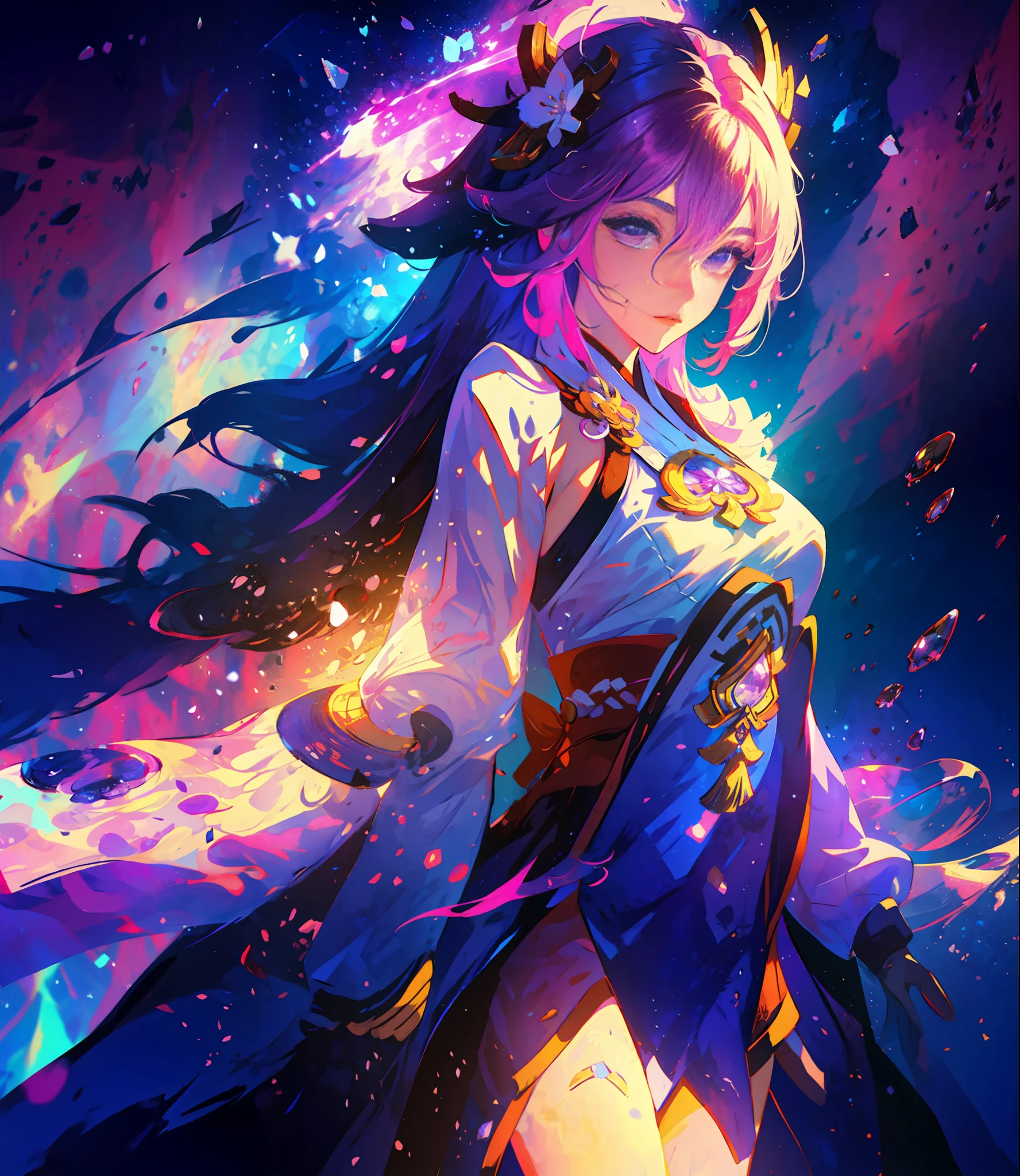 (masterpiece: 1.2, best quality), (beautiful finely detailed eyes: 1.2), (extremely detailed CG unit 8k wallpaper, masterpiece, best quality, ultra-detailed, best shadow), (detailed background), (beautiful detailed face, beautiful detailed eyes), High contrast, (best lighting, an extremely delicate and beautiful),1girl,((splashes of colored paint on transparent background, dulux,)), dynamic angle, beautiful detailed brightness, whole body,  Cowboy shot, pink hair, purple eyes, Star Guardian, Magic Girl, Genshin, Yae Miko