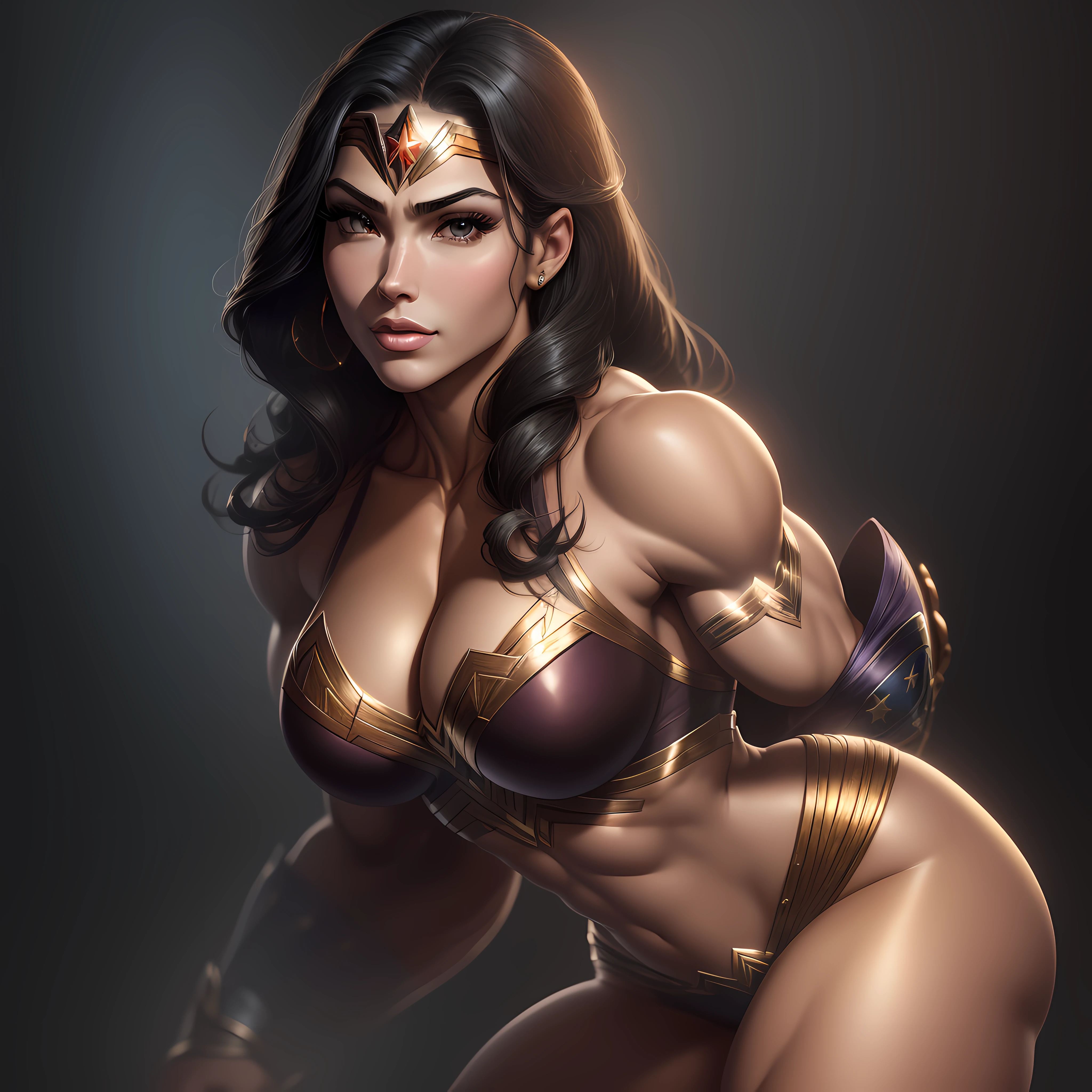 (Sexy Wonder Woman outfit: 1.95), (Black suit: 1.1), ((highest quality)), ((Masterpiece)), (detail), background with ultra muscular women training, (high resolution: 1.8) 1girl's photo, (Black outfit: 1.1), barefoot, Katheryn Winnick young as massive bodybuilder woman dressed as Wonder Woman, ((intricate details, makeup), (beautiful face, perfectly proportioned face), high detail skin, thick skin, enormous very bald muscle,  best proportions, light purple eyes, strong look, realistic black hair, lips, makeup, natural skin texture, tiara, bullet-resistant cuffs, slightly sunburned skin tone, massive and marked muscles, sexy, elastic (muscles: 4), ((strong and healthy body)), ((more) muscles))), long legs, curves, very thick and very muscular thighs, wide and large muscular buttocks,  thick legs, huge breasts scattering from the suit, sit on her knees open, slim waist, soft waist, (detailed skin), (shiny skin), (beautiful and sexy woman), (swollen lips: 0.9), (eyelashes: 1.2), very strong muscle size and large veins), wide and muscular shoulders, smiling and self-confident, very detailed, full head, full body, very curvaceous legs, full arm showing her biceps (highly detailed CG integration,  8K wallpaper), high detail, realistic, sharp focus, cinematic, , --auto --s2