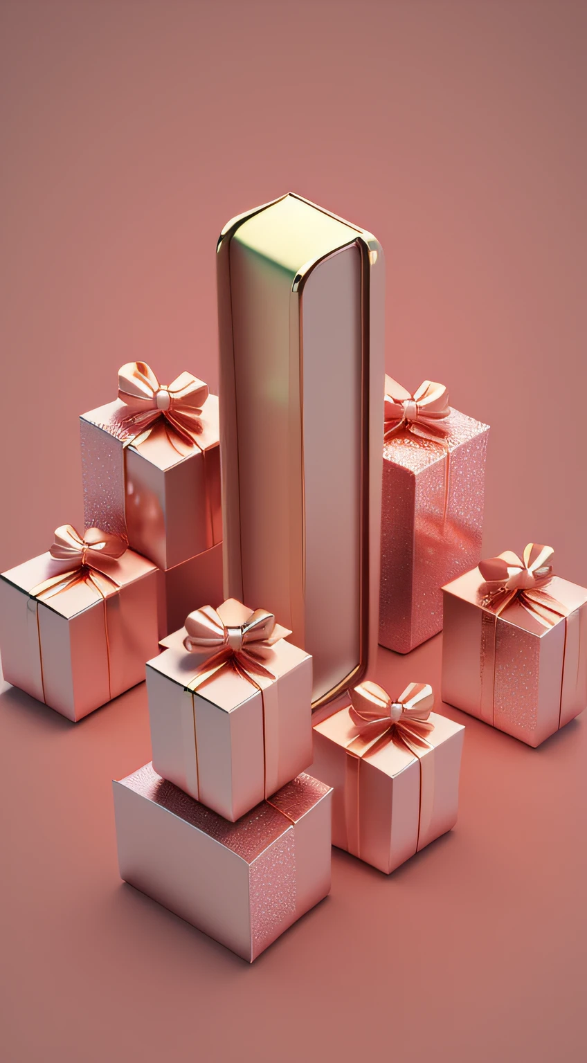 Mobile phone model, stage, multiple gift boxes, background is a magic background, c4D, detail rendering, clay texture