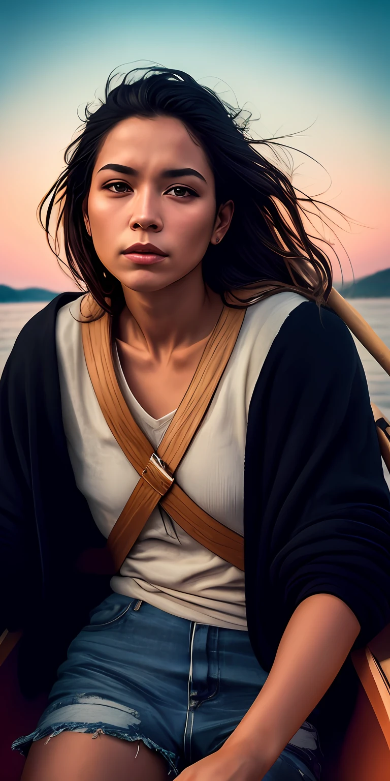 Image of Jesus, sitting in a canoe, photorealistic, photo, masterpiece, realistic, realism, photorealism, high contrast, photorealistic digital art trend on Artstation 8k HD high definition detailed realistic, detailed, skin texture, hyper detailed, realistic skin texture, armor, best quality, ultra high resolution, (photorealistic: 1.4), high resolution, detailed, raw photo, sharp re, by lee jeffries Nikon D850 film stock photography 4 kodak camera portra 400 lens f1.6 rich colors hyper realistic texture dramatic lighting irrealengine trending on artstation cinestill 800,