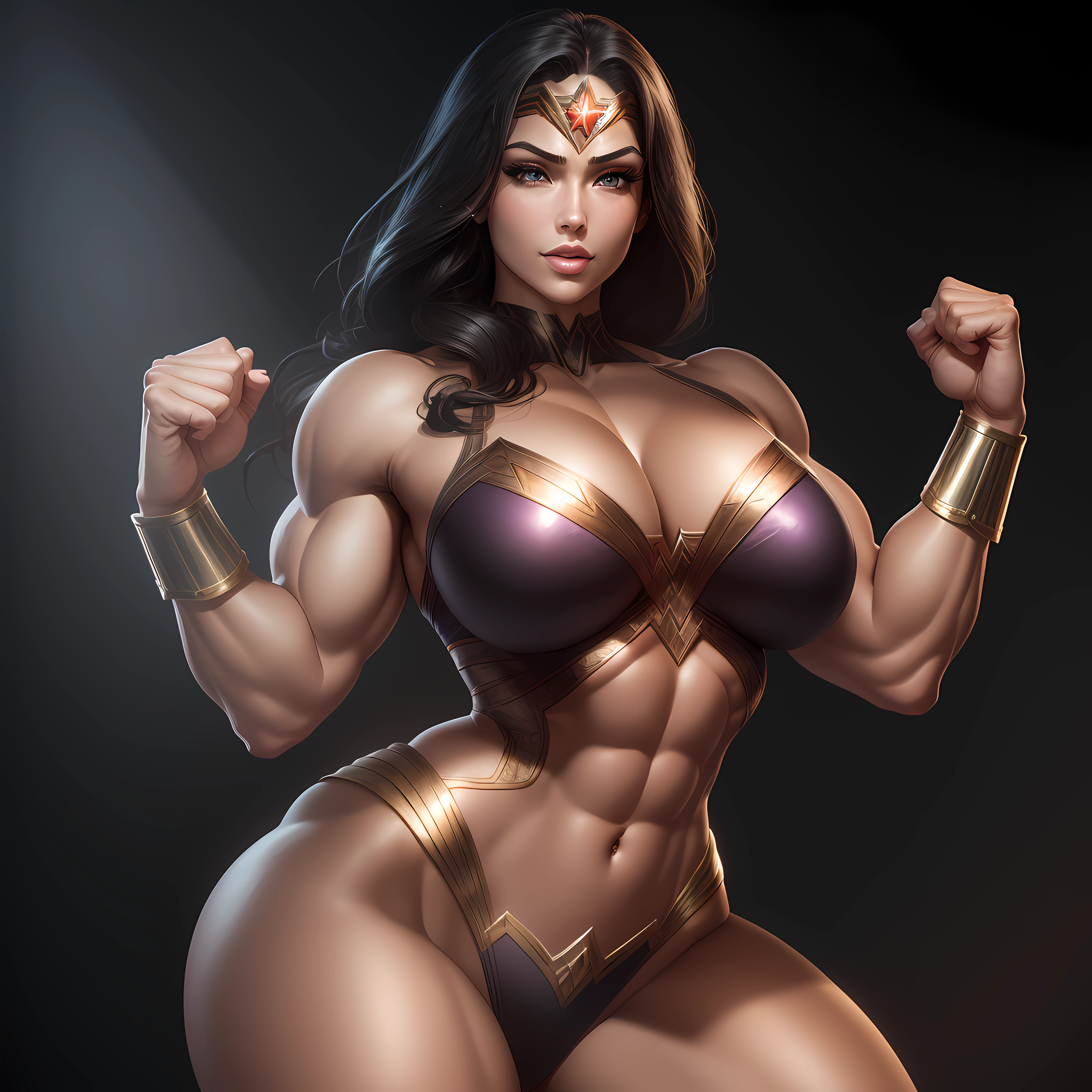 (Sexy Wonder Woman outfit: 1.95), (Black suit: 1.1), ((highest quality)), ((Masterpiece)), (detail), background with ultra muscular women training, (high resolution: 1.8) 1girl's photo, (Black outfit: 1.1), barefoot, Katheryn Winnick young as massive bodybuilder woman dressed as Wonder Woman, ((intricate details, makeup), (beautiful face, perfectly proportioned face), high detail skin, thick skin, enormous very bald muscle,  best proportions, light purple eyes, strong look, realistic black hair, lips, makeup, natural skin texture, tiara, bullet-resistant cuffs, slightly sunburned skin tone, massive and marked muscles, sexy, elastic (muscles: 4), ((strong and healthy body)), ((more) muscles))), long legs, curves, very thick and very muscular thighs, wide and large muscular buttocks,  thick legs, huge breasts scattering from the suit, sit on her knees open, slim waist, soft waist, (detailed skin), (shiny skin), (beautiful and sexy woman), (swollen lips: 0.9), (eyelashes: 1.2), very strong muscle size and large veins), wide and muscular shoulders, smiling and self-confident, very detailed, full head, full body, very curvaceous legs, full arm showing her biceps (highly detailed CG integration,  8K wallpaper), high detail, realistic, sharp focus, cinematic, , --auto --s2