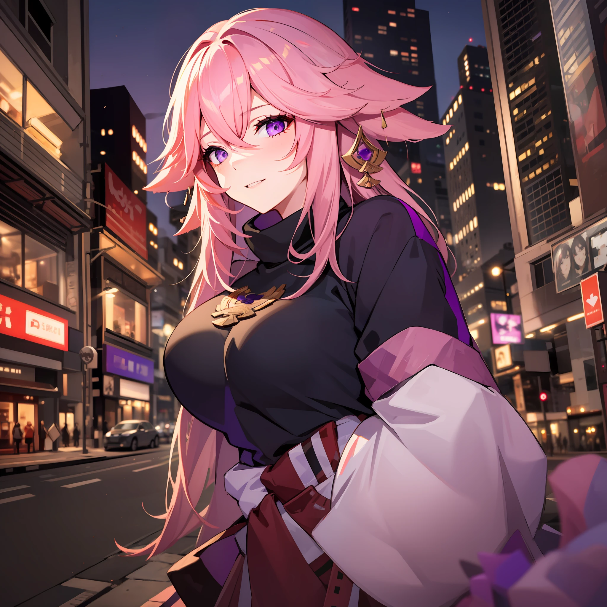 Adult Girl and Pink hair, Purple eyes, black sweatshirt with green details, in a city at night, YAE MIKO