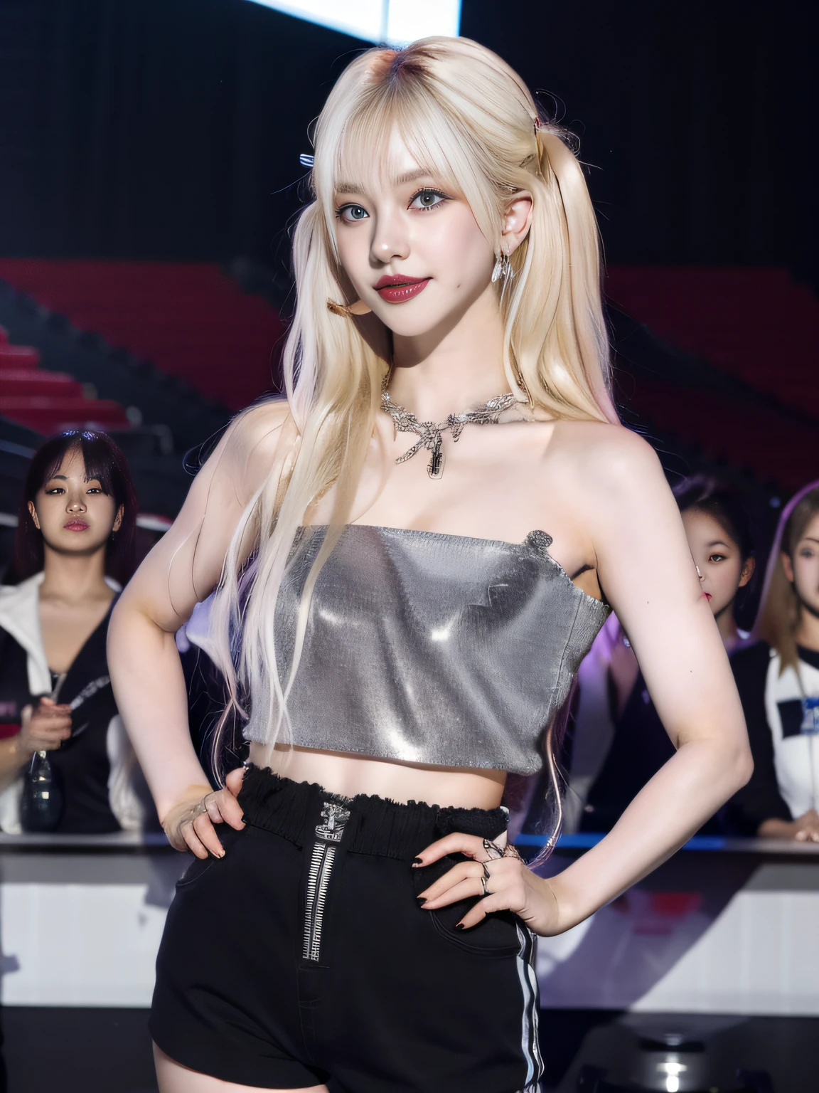 (8K, 4K, Best Quality, Highres, Ultra High Res:1.1), (Masterpiece, Realistic, Photo-Realistic:1.1), 1girl, Face, Close-Up, Twintails, Blonde Hair, Black Eyes, Red Lips, (Looking in Audience: 2), Wearing a trendy football uniform, bare waist, football shorts, ridiculously long hair, long eyelashes, eye shadow, small face, big eyes, bare shoulders, high contrast,