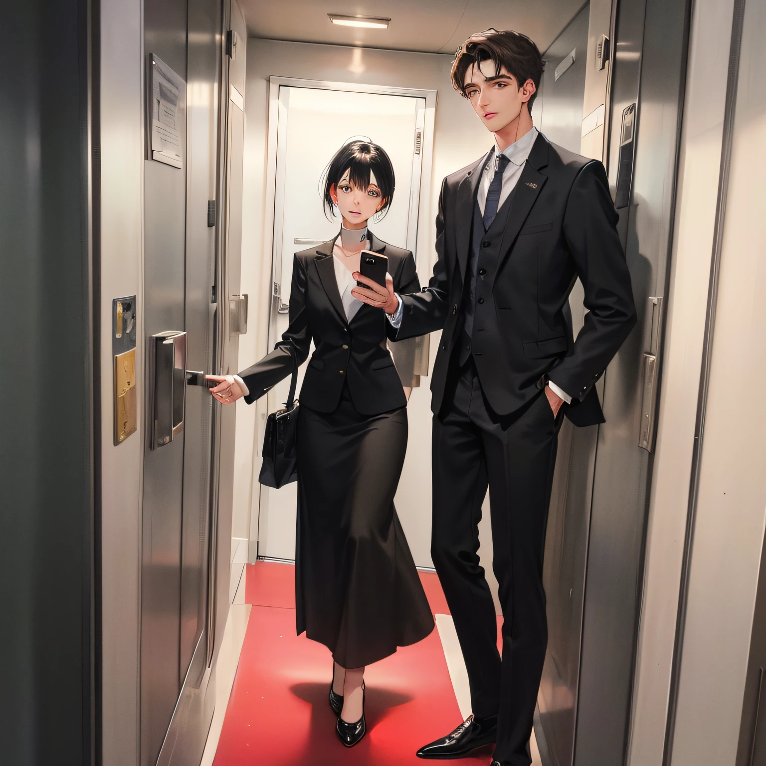 Masterpiece, the best picture quality, a 25-year-old woman in a long skirt with long black hair holding up a mobile phone and a 25-year-old handsome man in a suit with short black hair standing at the elevator door waiting for the elevator,.
