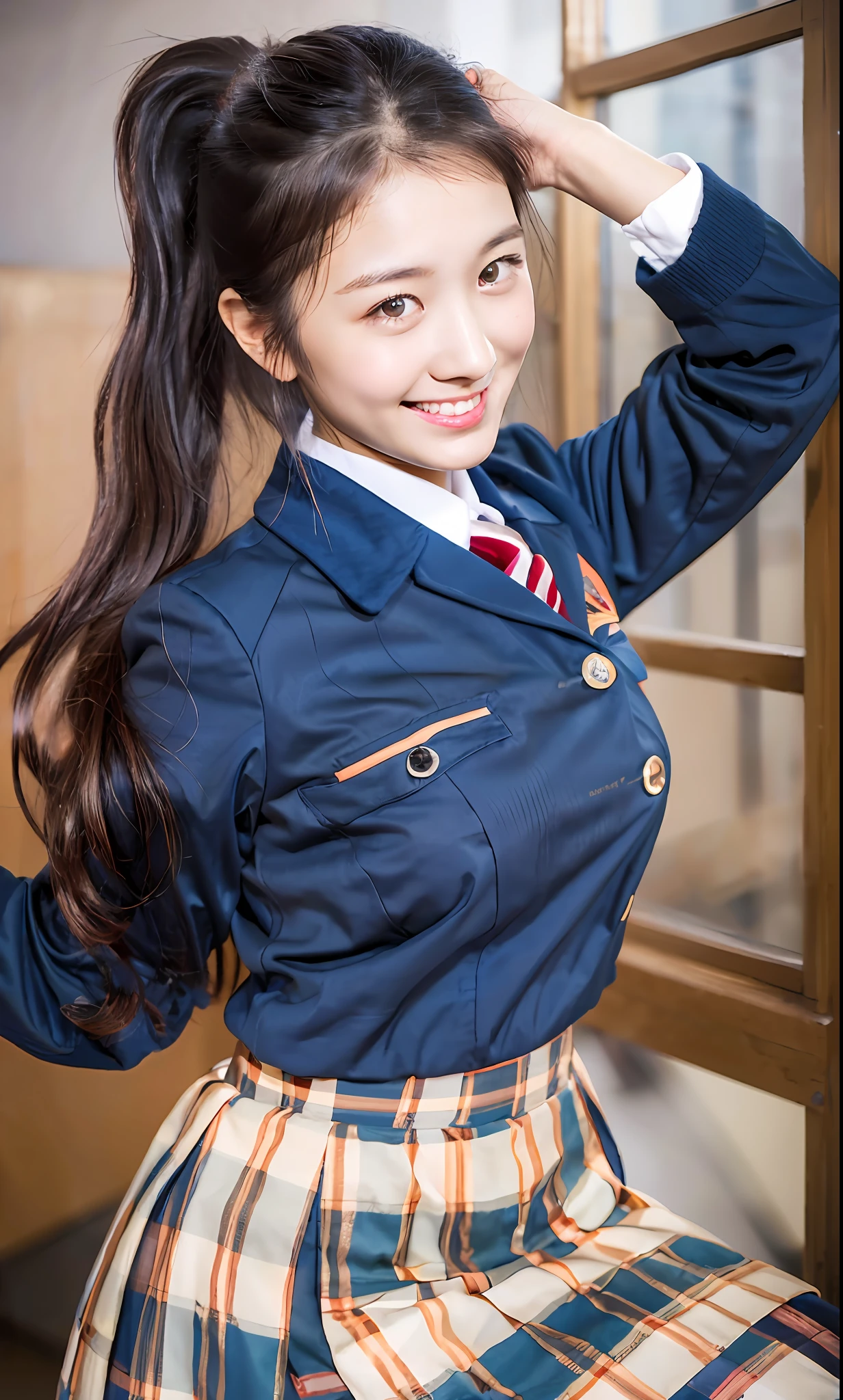 ulzzang-6500-v1.1, (Raw photo:1.2), (Photorealistic:1.4), Beautiful detailed girl, Very detailed eyes and face, Beautiful detailed eyes, Ridiculous, Incredibly ridiculous, Huge file size, Ultra detailed, High Definition, Very detailed, Best quality, Masterpiece, Kemomimi, ((Japan Girls' High School Uniform)), Illustration, Very detailed, CG, unification, 8k wallpaper, fantastic, fine details, masterpiece, best quality, highly detailed cg uniform 8k wallpaper, light on face, movie lighting, 16 year old girl, (smile)), ((dynamic pose))), (camel toe), (big), (dark blue skirt), (model body type)), dark brown hair color, ponytail hairstyle, dark blue jacket, big