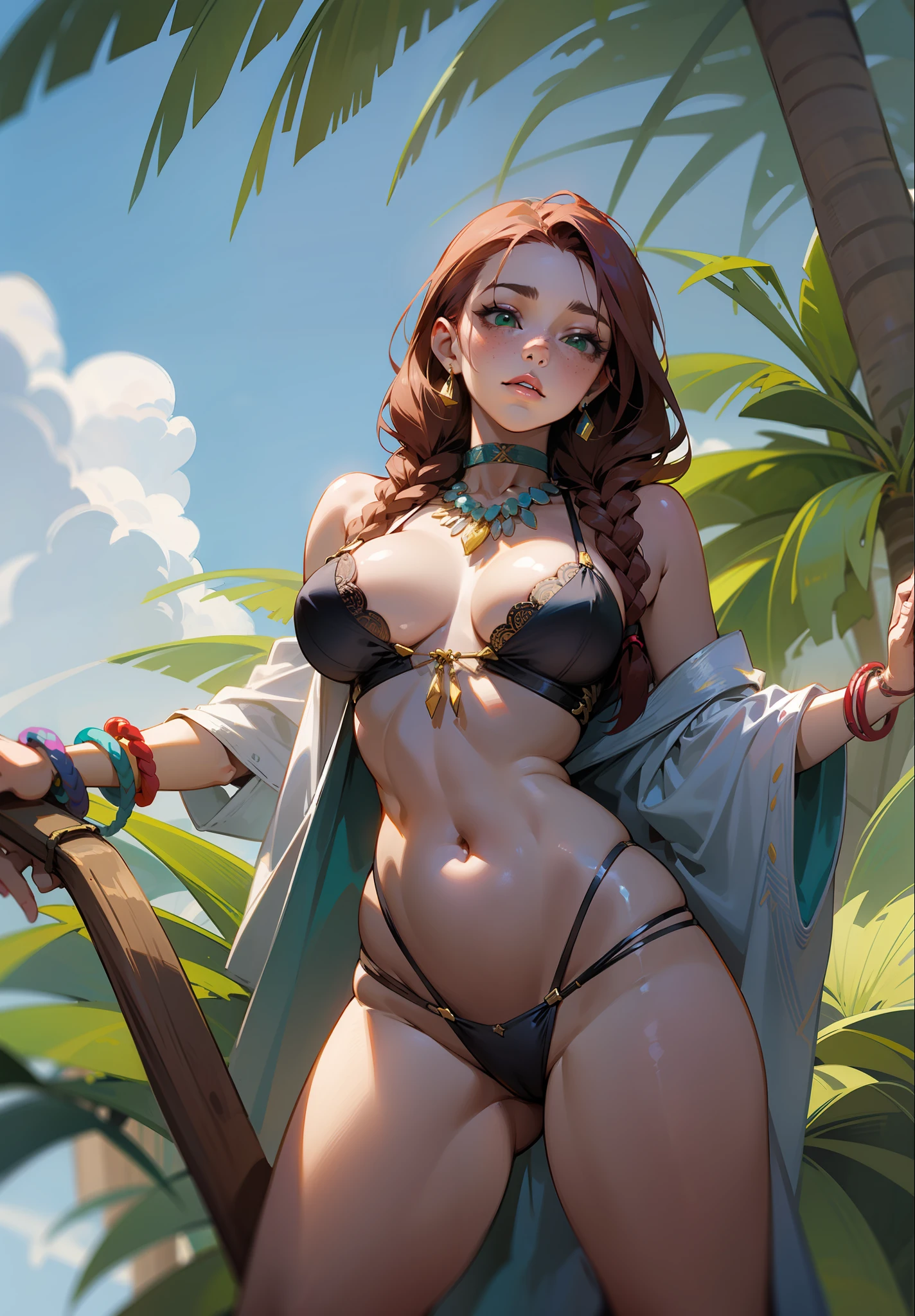 White Russian woman European realist 30 years dark red hair, with braids falling over the breasts, over the breasts, average length at shoulder height, freckles on the face, green eyes, snub-nosed, thick lips, with volume, sensual mouth between open, looking down with lustful look, view from below, looking down, camera underneath, close in massive tits, full body, wearing a thin lace bikini with her big breasts sticking out, Escaping out of the bikini, beautiful and smooth skin, natural braided fine necklace, tribal string bracelet, leaning against a large palm tree in a cloudy, hair thrown to the wind, full body woman, arms behind the body, sensual pose, sexy brand new 1 8 years old adult video, with wide hip and healed belly