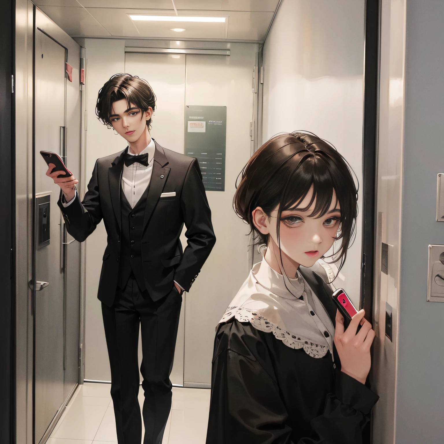 Masterpiece, the best picture quality, a 25-year-old woman in a long skirt with long black hair holding up a mobile phone and a 25-year-old handsome man in a suit with short black hair standing at the elevator door waiting for the elevator,.