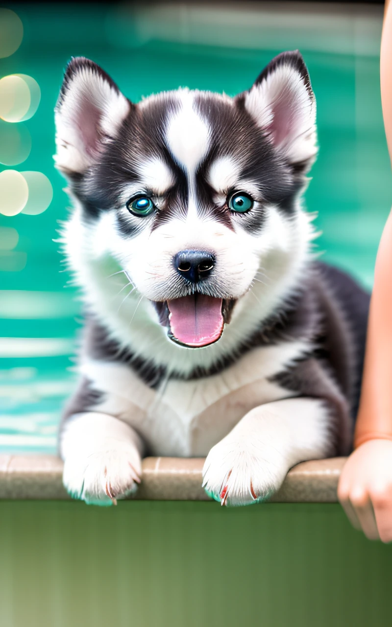Hyper Quality,Cute two Siberian Husky puppies,different body colors,swimming in the pool,barking,narrow eyes,smile,eos r3 28mm