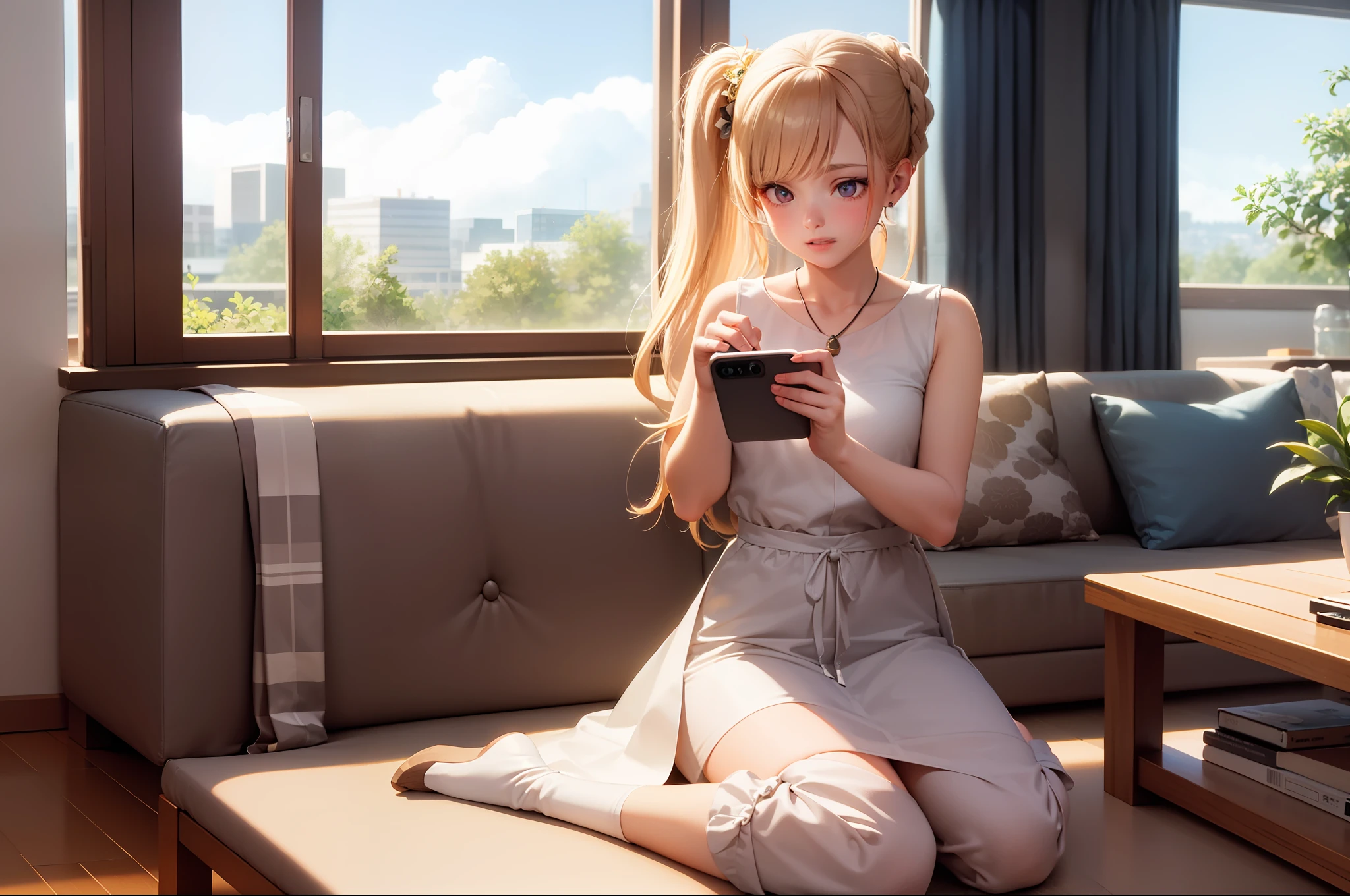 (Masterpiece, best quality: 1.2), solo, 1 girl, Wes Schney, bored, sitting on sofa, holding phone, long hair, looking down at the phone , white dress, coffee table