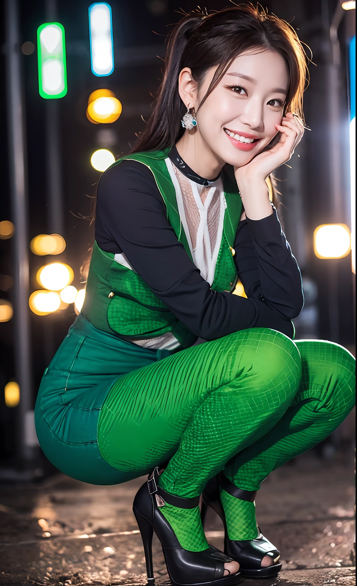 Green denim half pants, black shirt, showing teeth and smiling