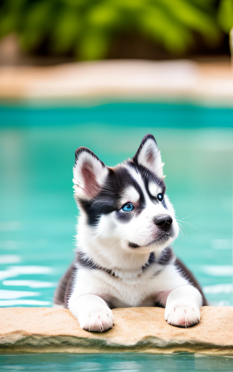 Hyper Quality,Cute two Siberian Husky puppies,different body colors,swimming in the pool,barking,narrow eyes,smile,eos r3 28mm