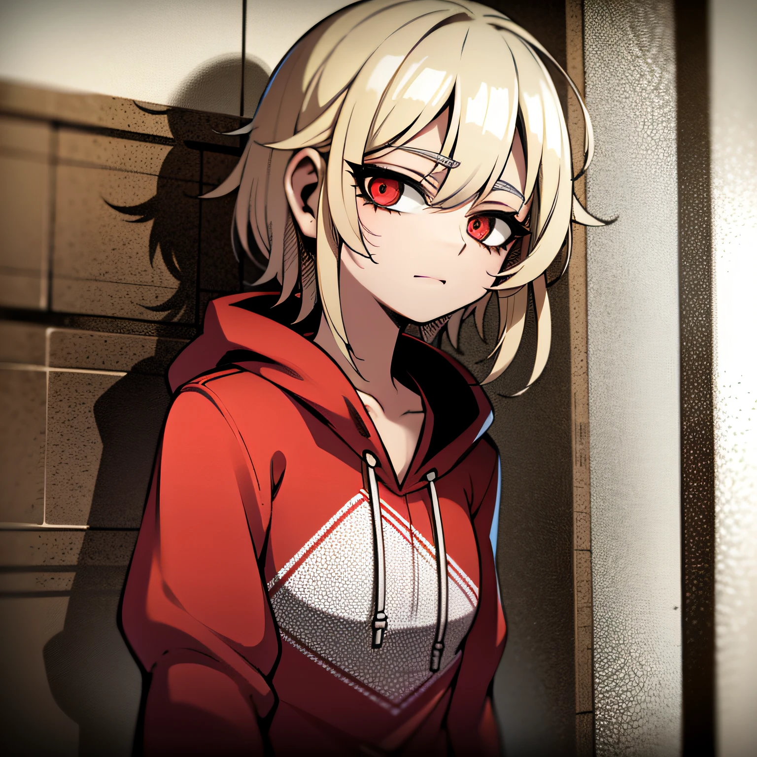Top Quality, Masterpiece, Girl, Arms, Frontal, Blonde, Red Eyes, Red Hoodie