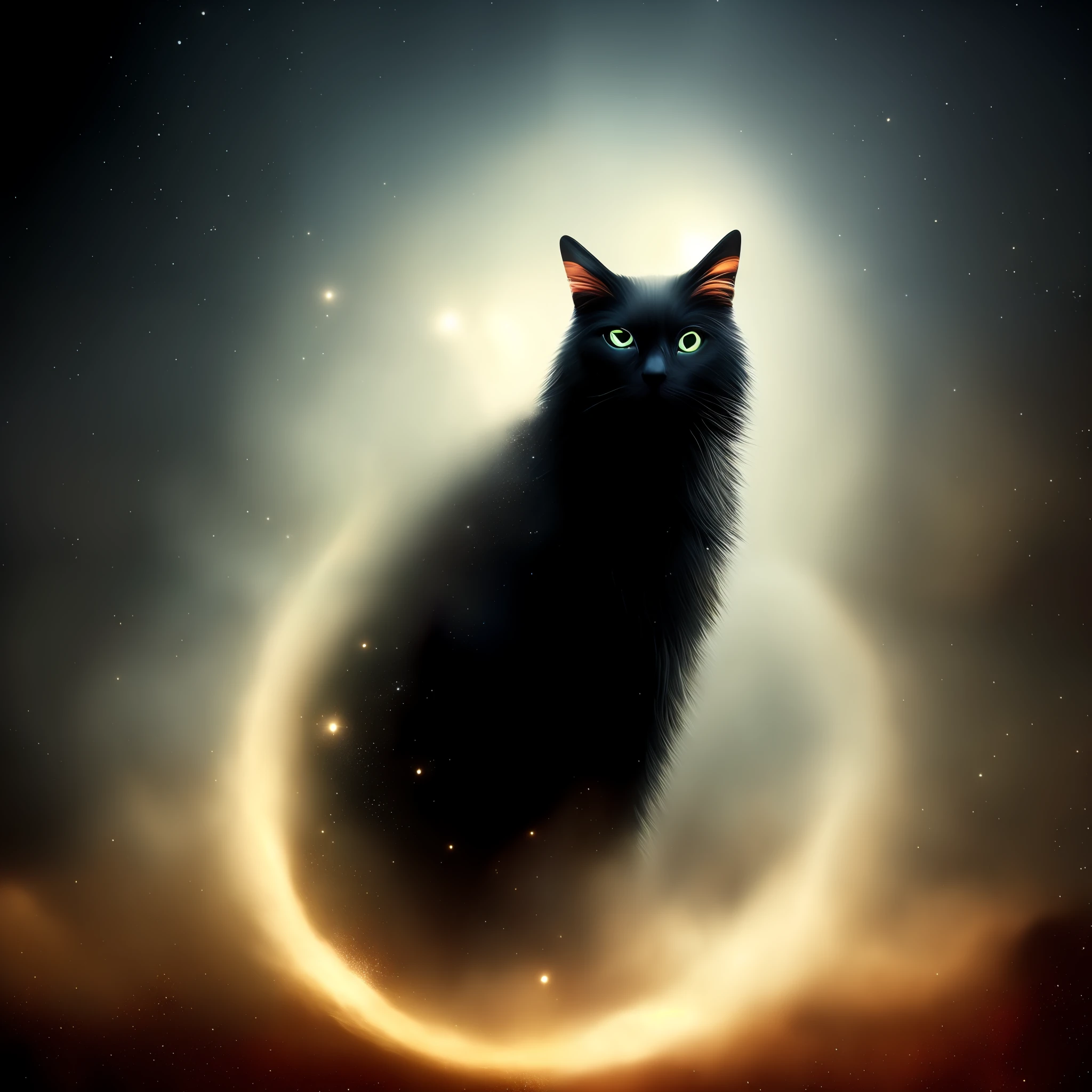 Oldjourney A mystical spirit cat, an otherworldly mist surrounding it, a vortex of sparkling black and silver sand surrounding it, magical, eerie, noir lighting, stars in the sky, ethereal, grunge, dream, sandman, surreal, Rembrandt art style, artstation, dark atmosphere, 8k