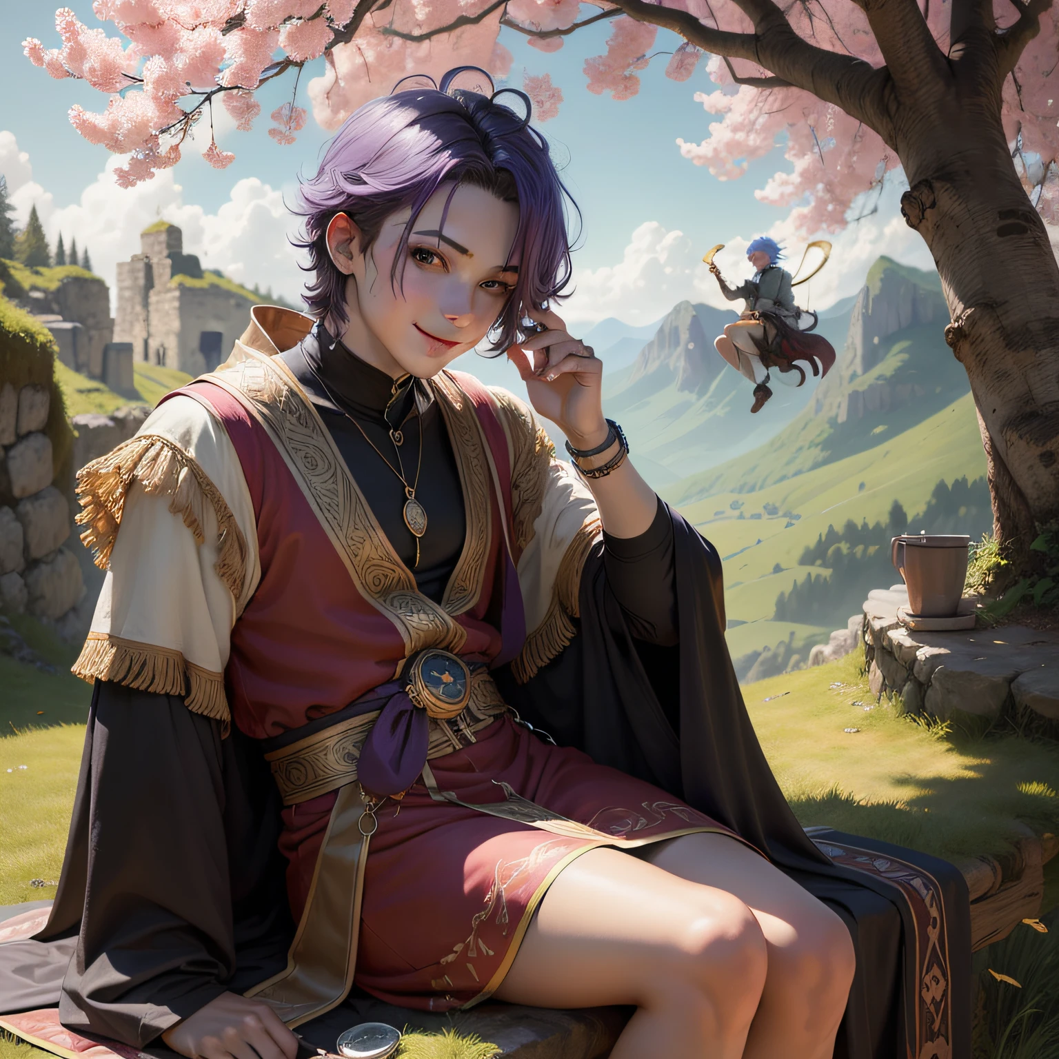 A bard, androgynous-looking, blue-bodied, lilac-haired, half-genius-looking, mystical-looking, Theatre Mask, holding a lyre, sitting under the shade of a tree, pink-leaved, on top of a mountain., light smile, drunk, anime, high quality, award winning --auto