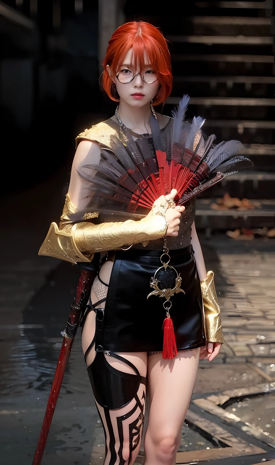 a closeup of a person with a red hair and a sword, warrior outfit, ornate bikini armor, fancy outfit, chicken feather armor, black fire-colored reflected armor, wearing witch blade armor, ornate armor, holding a magic staff, red demon armor, ornate Korean stick arm behind her,  armor of black and reddish color, holding ego weapons, fantasy weapon. glasses on face, beautiful face, perfect face