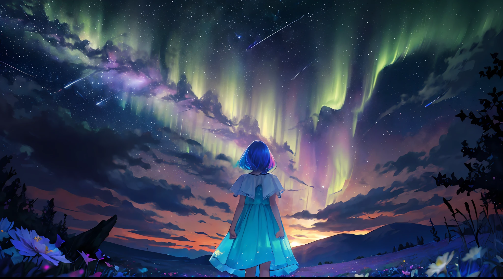 1girl, distant girl, wearing a teal dress armor, with a rainbow colored hair, staring at the stars, (zoomed out:1.1), (meteor shower:1.2), (comet:1.1), low angle, from behind, aurora borealis, shooting star, surrounded by flowers petals, standing in a field, best quality, masterpiece, cloud, colorful, starry, stars