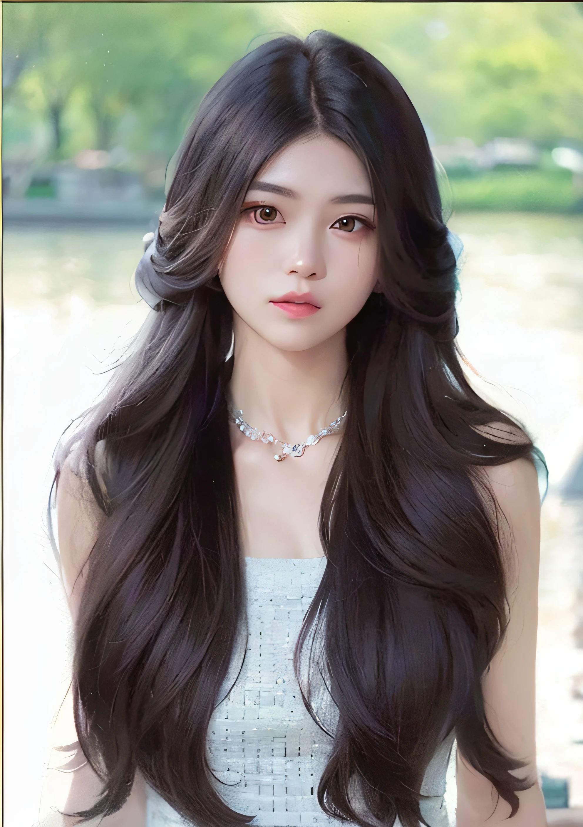 a close up of a woman with long hair wearing a necklace, with long hair, ulzzang, asian girl with long hair, white hime cut hairstyle, black hime cut hair, cute beautiful, long thin black hair, cai xukun, with long black hair, wavy long - length black hair, wavy long black hair, with long dark hair, korean girl